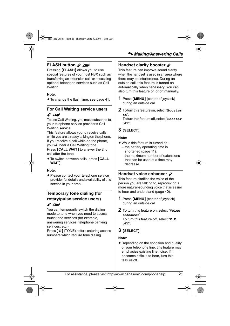 Flash button y, For call waiting service users y, Handset clarity booster y | Handset voice enhancer y | Panasonic KXTH111 User Manual | Page 21 / 88