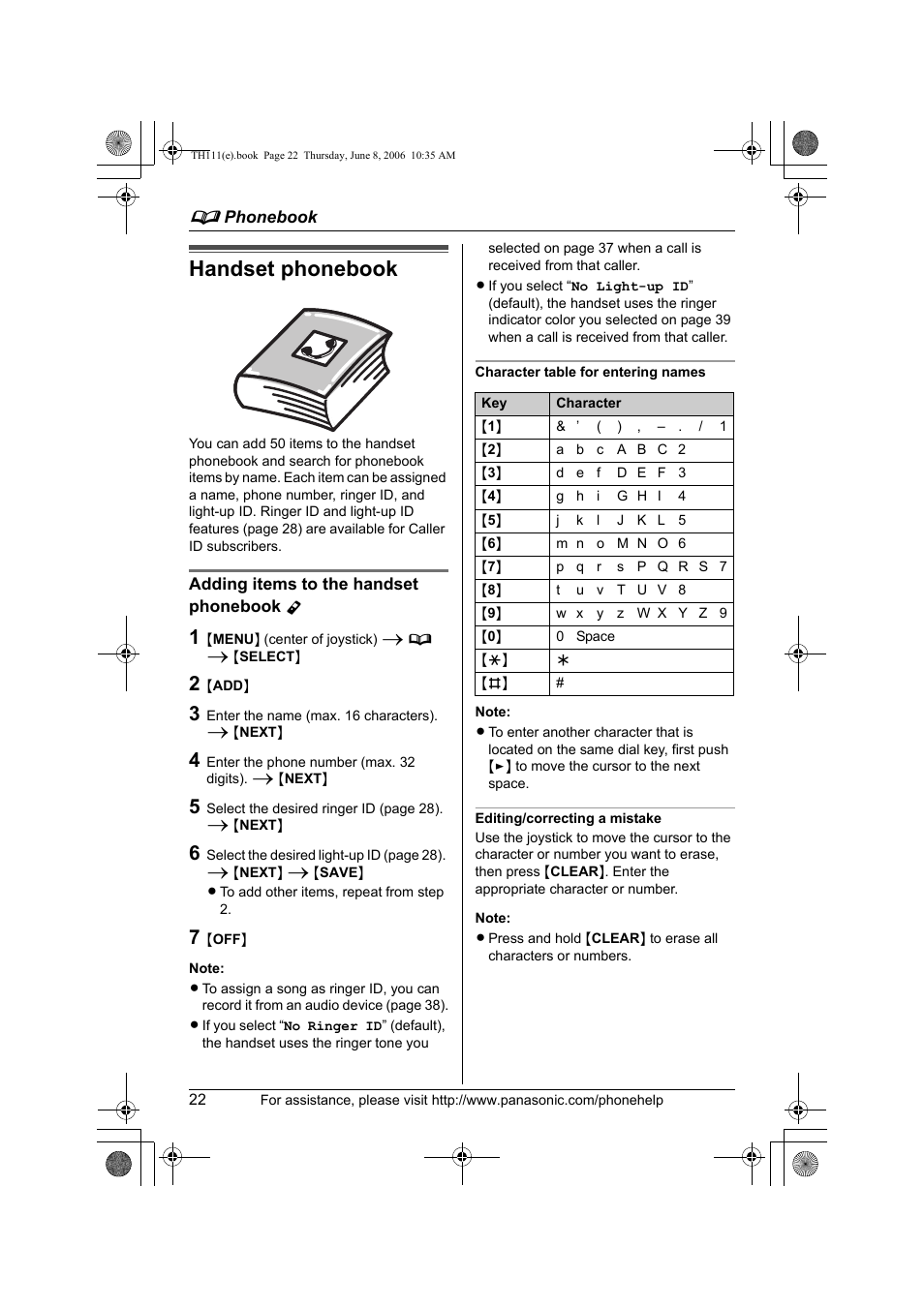 D phonebook, Handset phonebook, Adding items to the handset phonebook y | Character table for entering names, Editing/correcting a mistake, Phonebook | Panasonic KXTH111 User Manual | Page 22 / 88