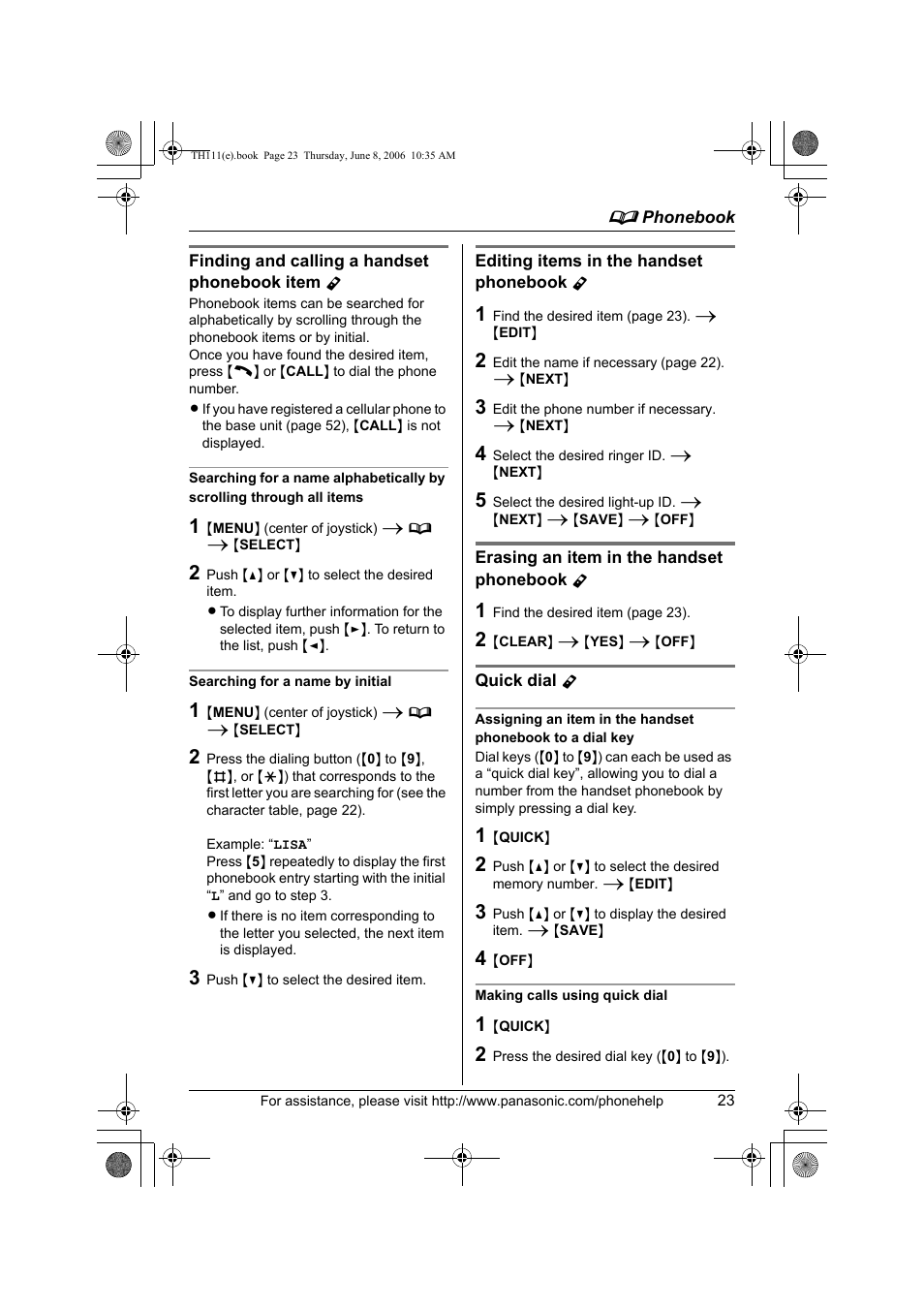 Finding and calling a handset phonebook item y, Searching for a name by initial, Editing items in the handset phonebook y | Erasing an item in the handset phonebook y, Quick dial y, Making calls using quick dial | Panasonic KXTH111 User Manual | Page 23 / 88