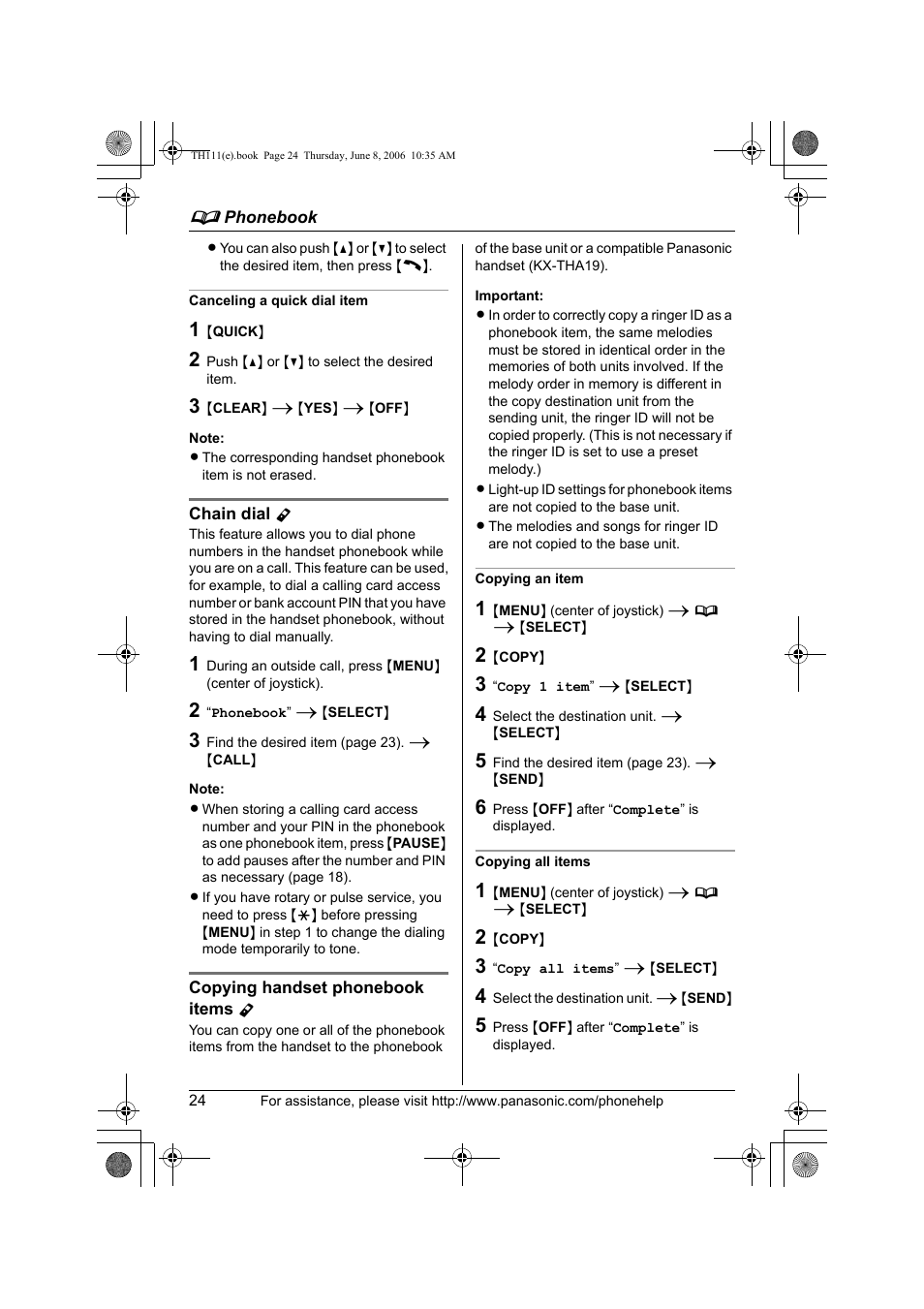 Canceling a quick dial item, Chain dial y, Copying handset phonebook items y | Copying an item, Copying all items | Panasonic KXTH111 User Manual | Page 24 / 88