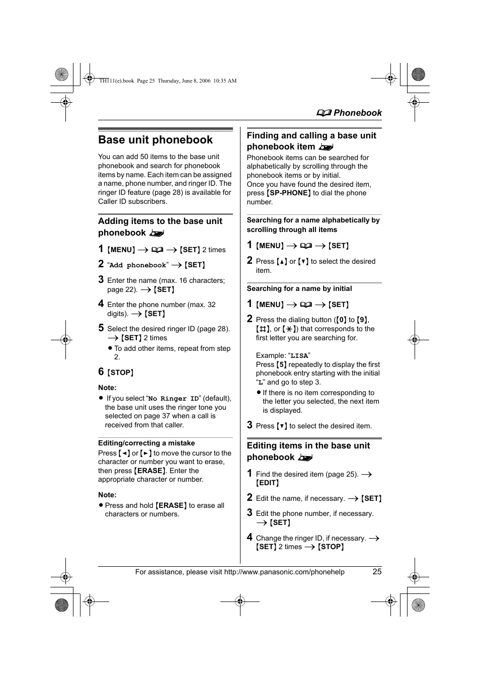 Base unit phonebook, Adding items to the base unit phonebook, Editing/correcting a mistake | Finding and calling a base unit phonebook item, Searching for a name by initial, Editing items in the base unit phonebook | Panasonic KXTH111 User Manual | Page 25 / 88