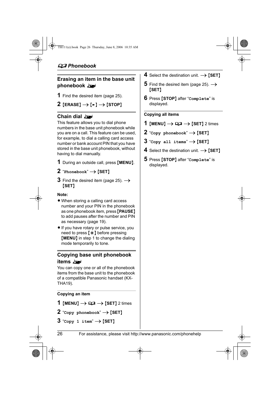 Erasing an item in the base unit phonebook, Chain dial, Copying base unit phonebook items | Copying an item, Copying all items | Panasonic KXTH111 User Manual | Page 26 / 88