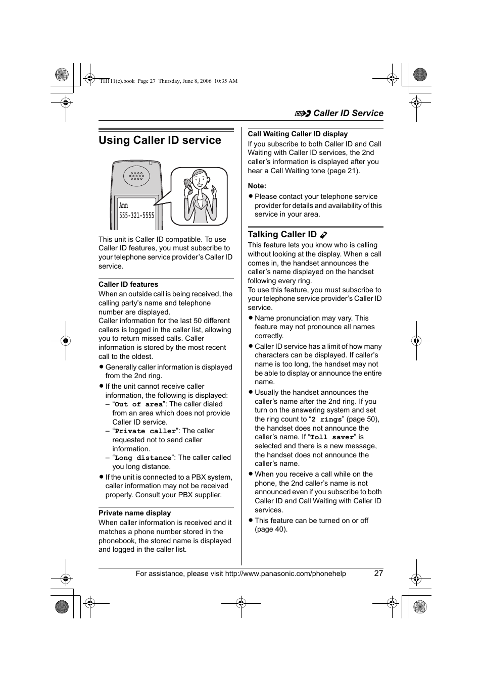 G caller id service, Using caller id service, Caller id features | Private name display, Call waiting caller id display, Talking caller id y | Panasonic KXTH111 User Manual | Page 27 / 88