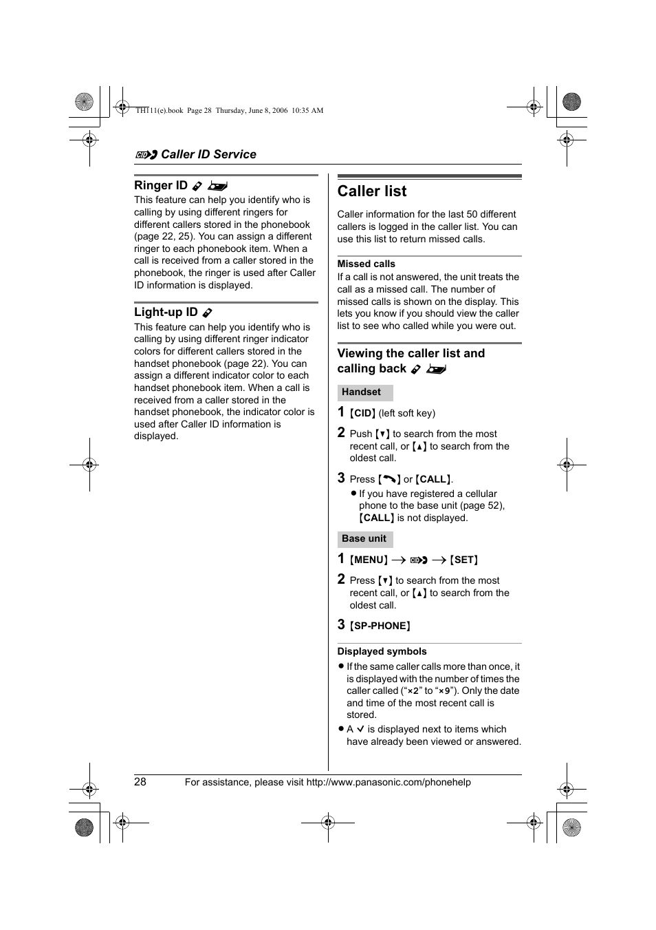 Ringer id y, Light-up id y, Caller list | Missed calls, Viewing the caller list and calling back y, Displayed symbols | Panasonic KXTH111 User Manual | Page 28 / 88