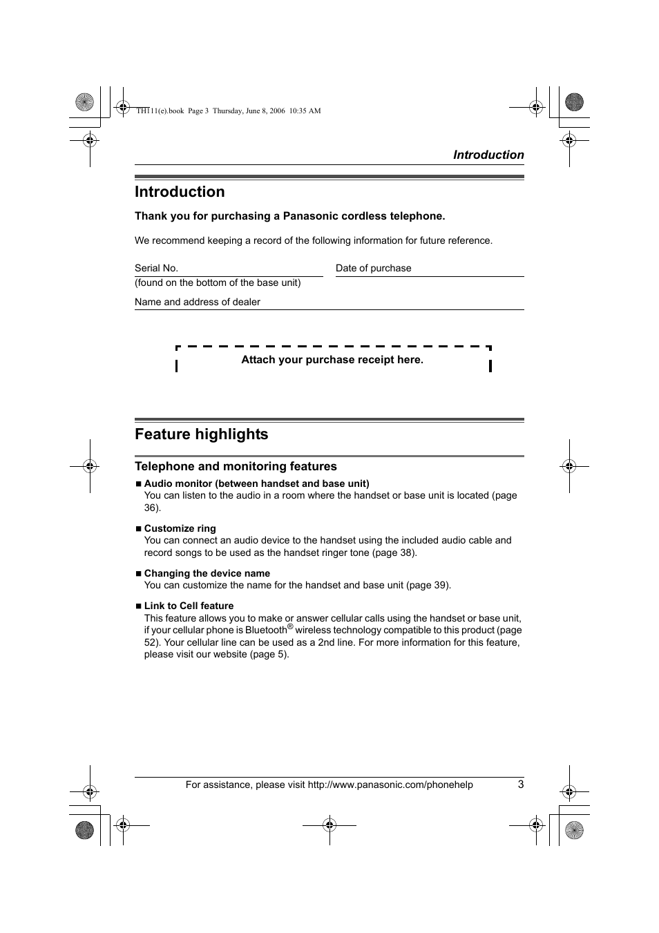 Introduction, Feature highlights, Telephone and monitoring features | Introduction feature highlights | Panasonic KXTH111 User Manual | Page 3 / 88
