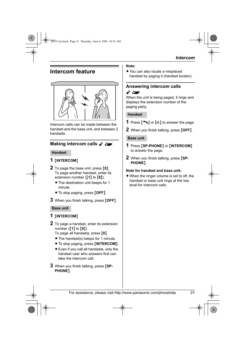 Intercom, Intercom feature, Making intercom calls y | Answering intercom calls y | Panasonic KXTH111 User Manual | Page 31 / 88