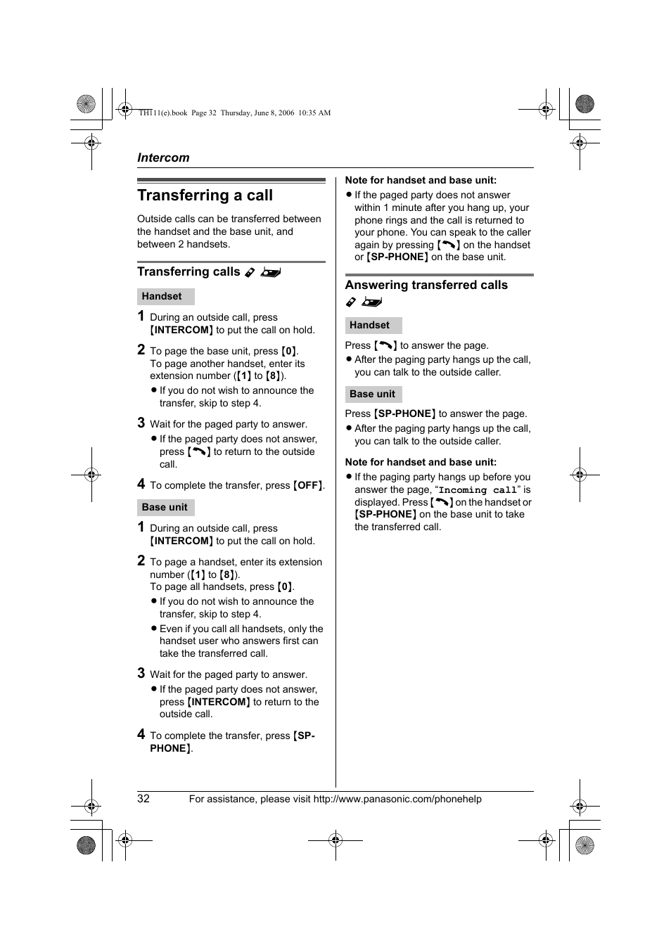 Transferring a call, Transferring calls y, Answering transferred calls y | Panasonic KXTH111 User Manual | Page 32 / 88