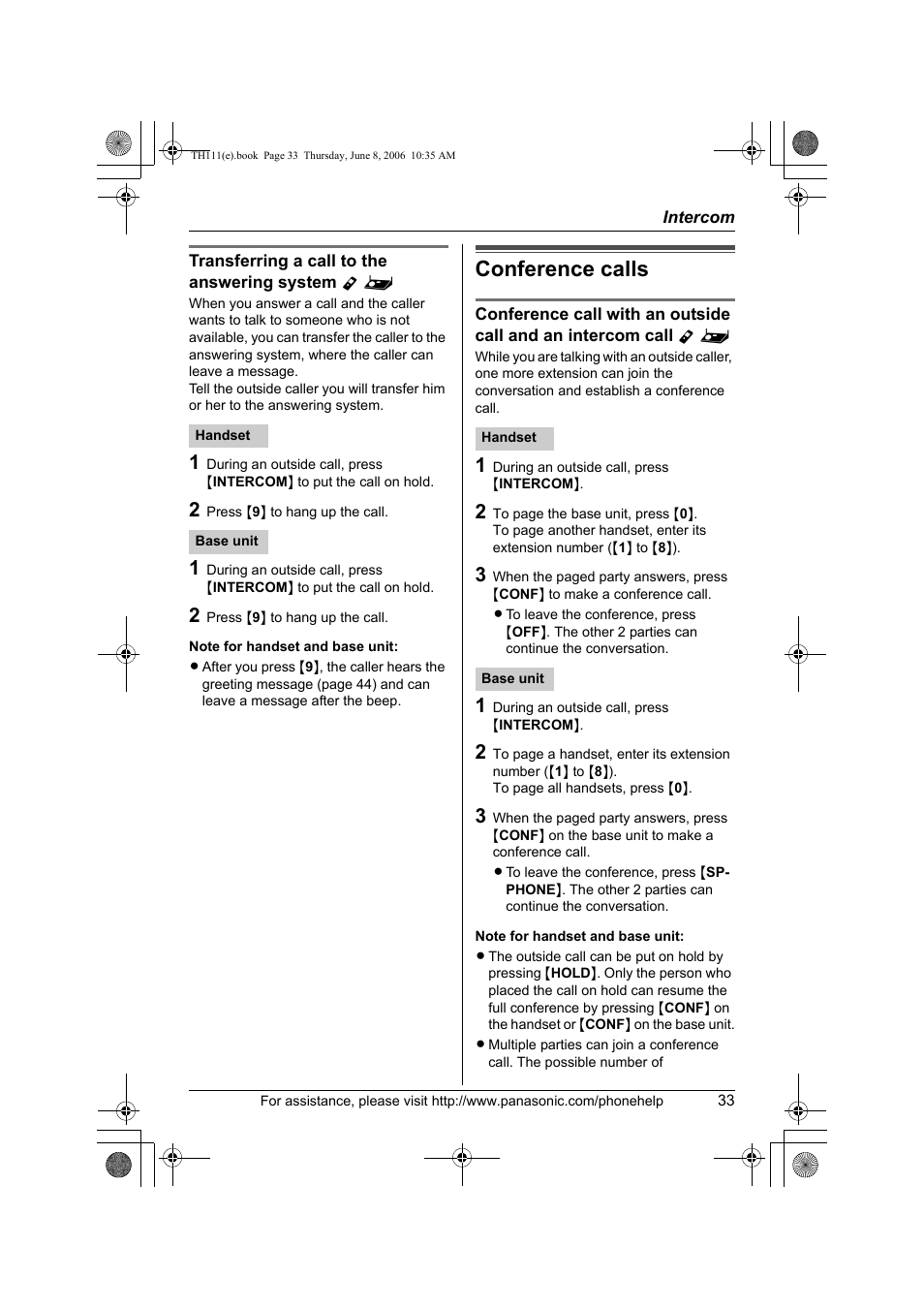 Transferring a call to the answering system y, Conference calls | Panasonic KXTH111 User Manual | Page 33 / 88