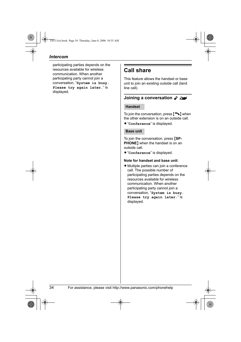 Call share, Joining a conversation y | Panasonic KXTH111 User Manual | Page 34 / 88