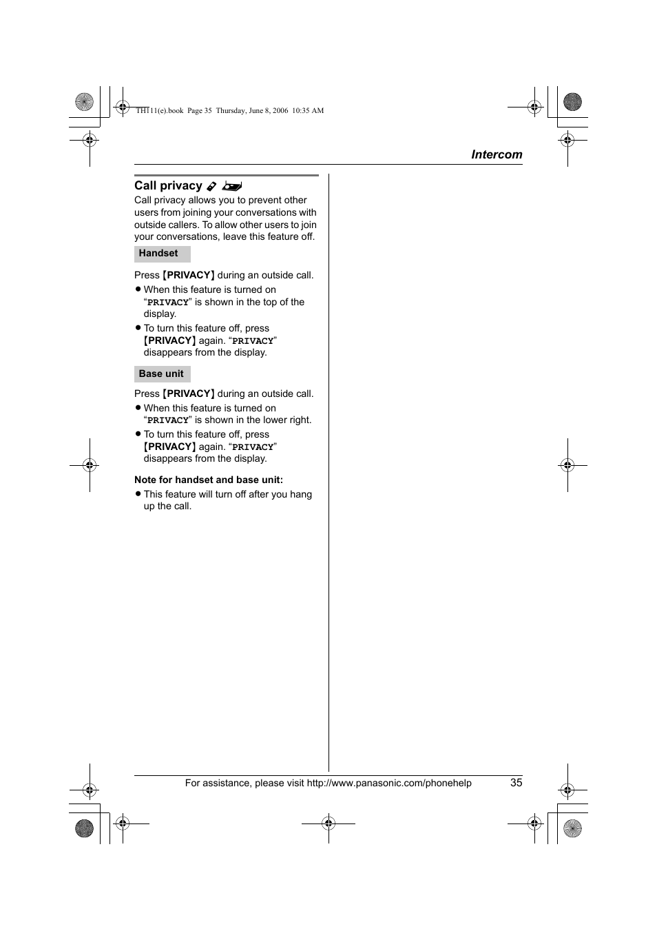Call privacy y | Panasonic KXTH111 User Manual | Page 35 / 88