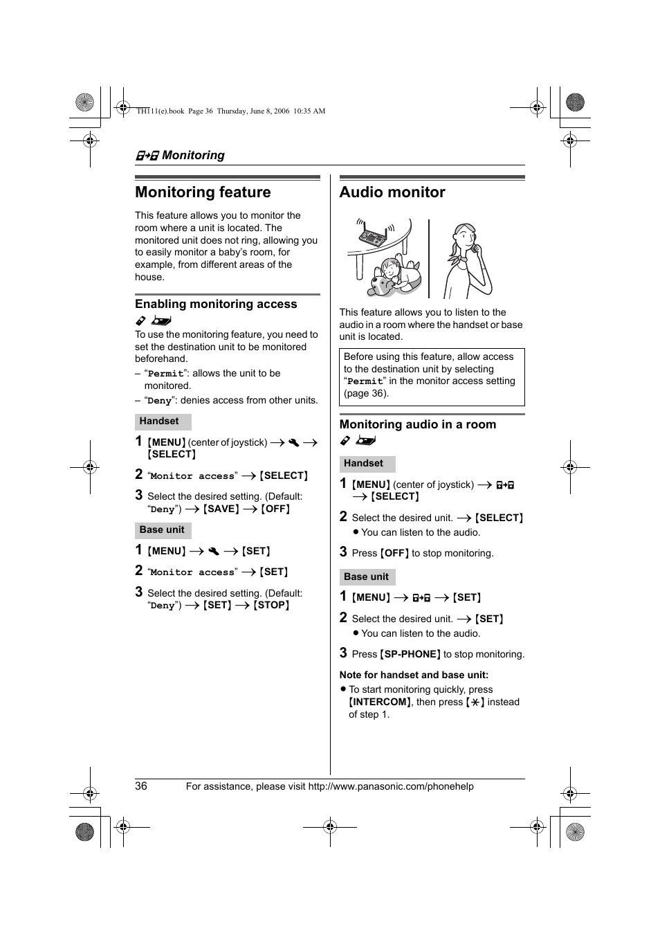 F monitoring, Monitoring feature, Enabling monitoring access y | Audio monitor, Monitoring audio in a room y, Monitoring feature audio monitor | Panasonic KXTH111 User Manual | Page 36 / 88