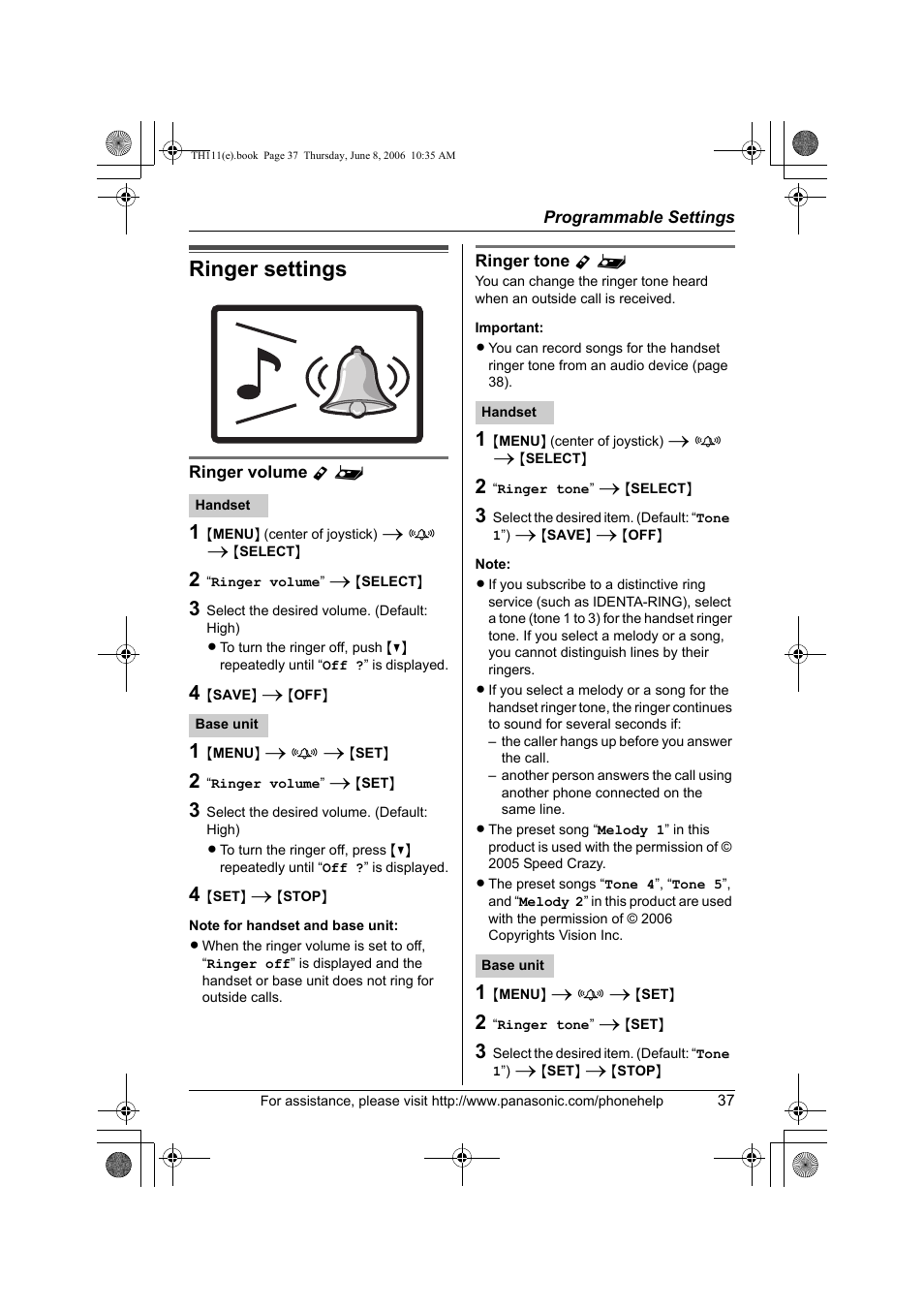 Programmable settings, Ringer settings, Ringer volume y | Ringer tone y | Panasonic KXTH111 User Manual | Page 37 / 88