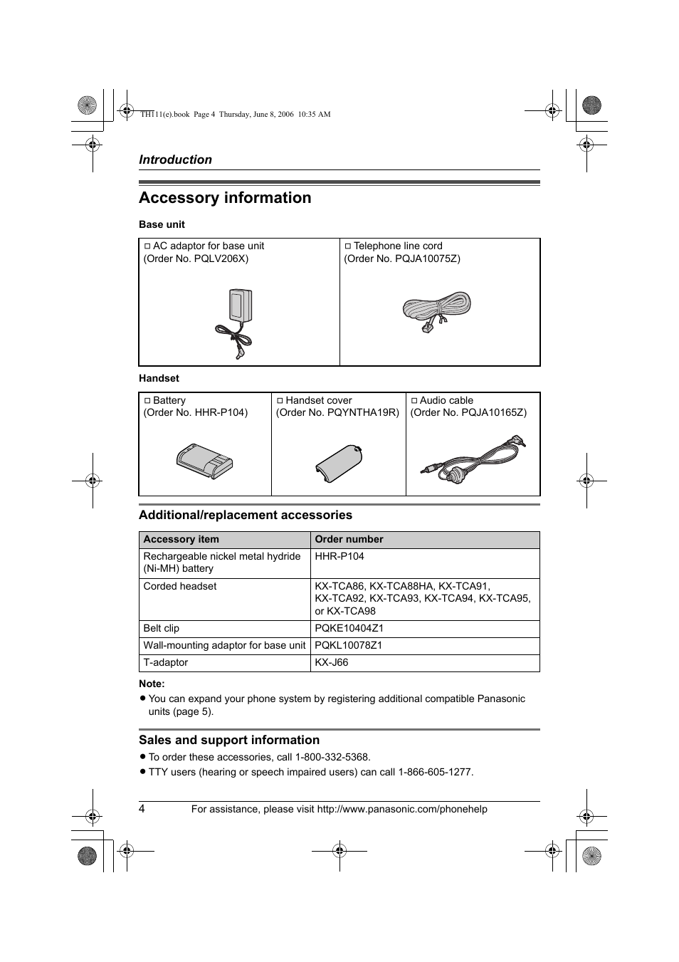 Accessory information, Additional/replacement accessories, Sales and support information | Panasonic KXTH111 User Manual | Page 4 / 88