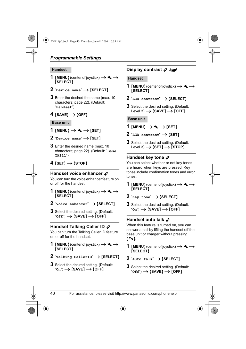 Handset voice enhancer y, Handset talking caller id y, Display contrast y | Handset key tone y, Handset auto talk y | Panasonic KXTH111 User Manual | Page 40 / 88