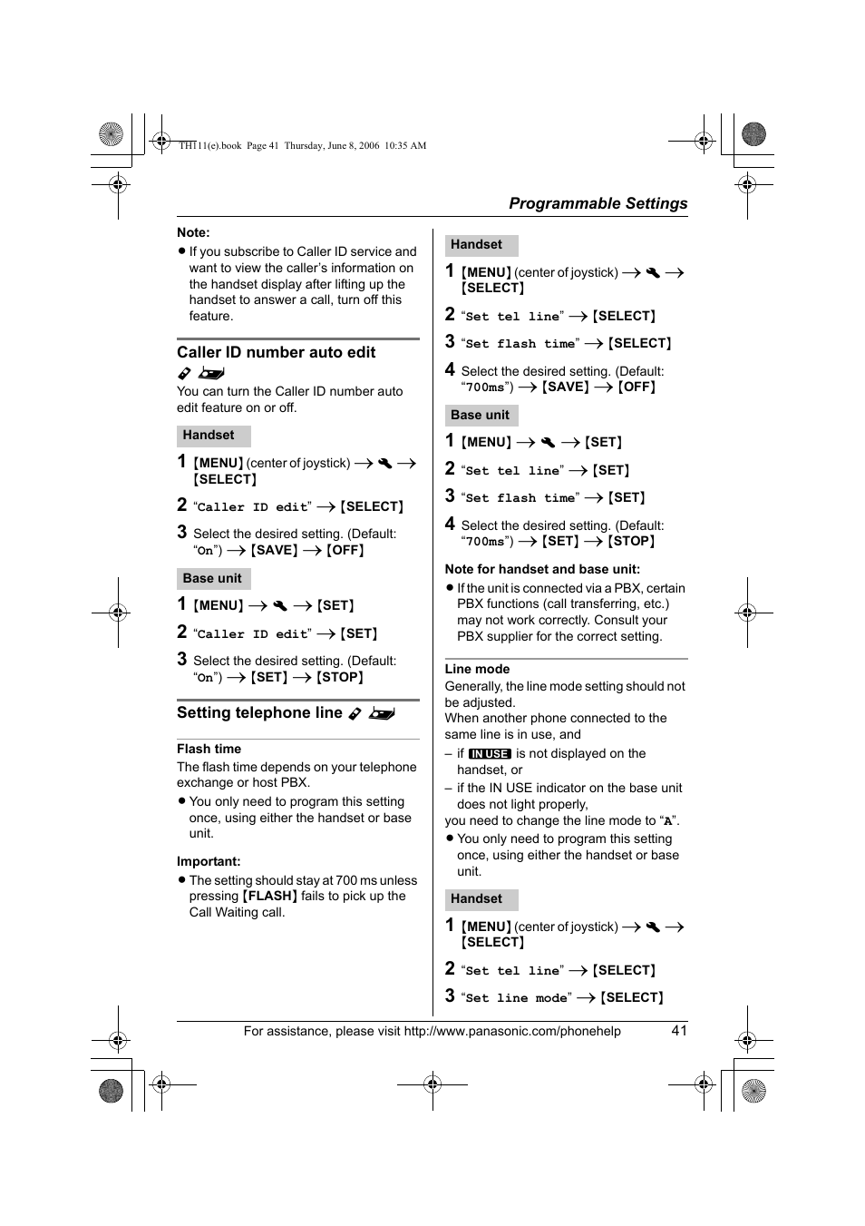 Caller id number auto edit y, Setting telephone line y, Flash time | Line mode | Panasonic KXTH111 User Manual | Page 41 / 88