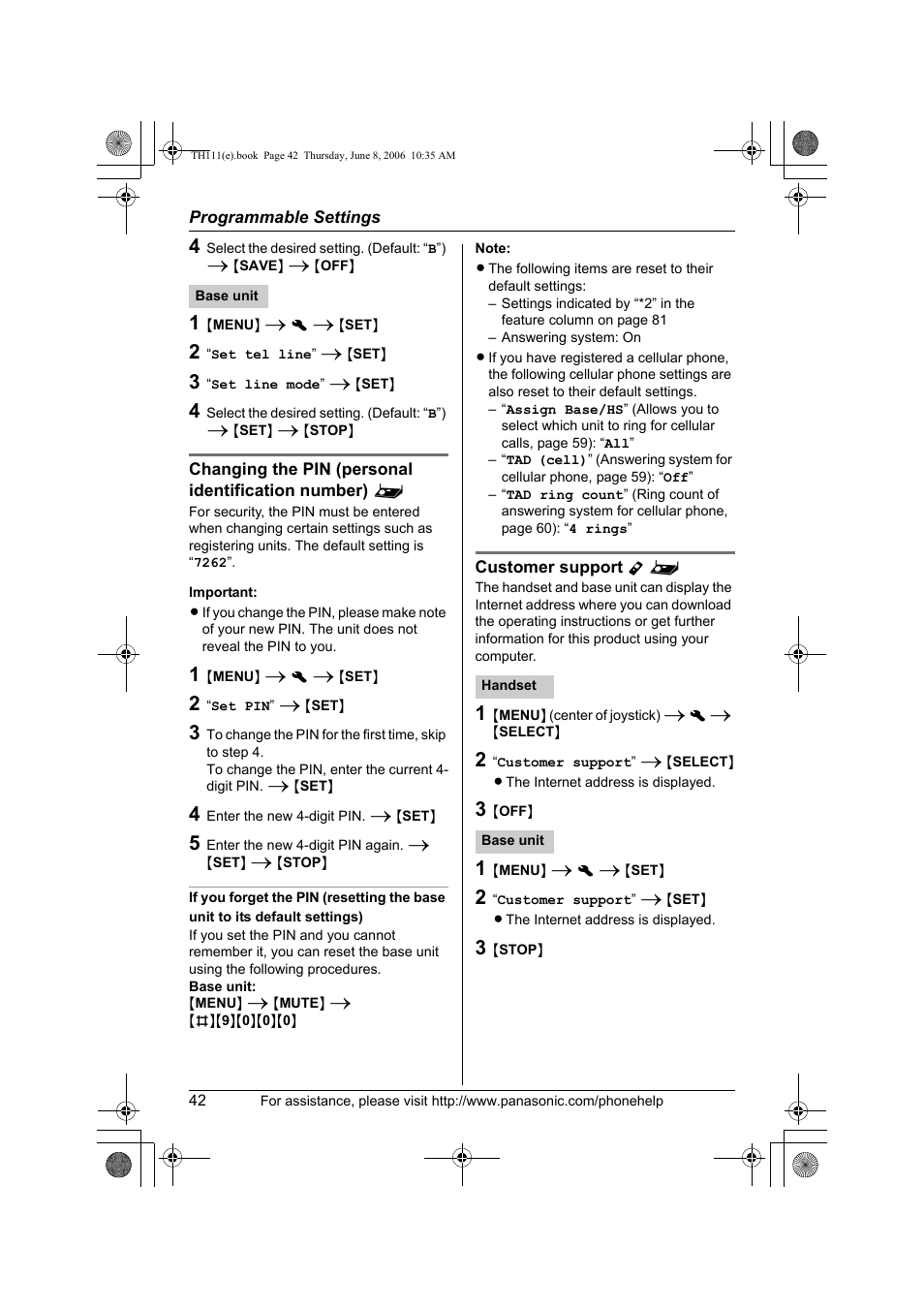 Changing the pin (personal identification number), Customer support y | Panasonic KXTH111 User Manual | Page 42 / 88