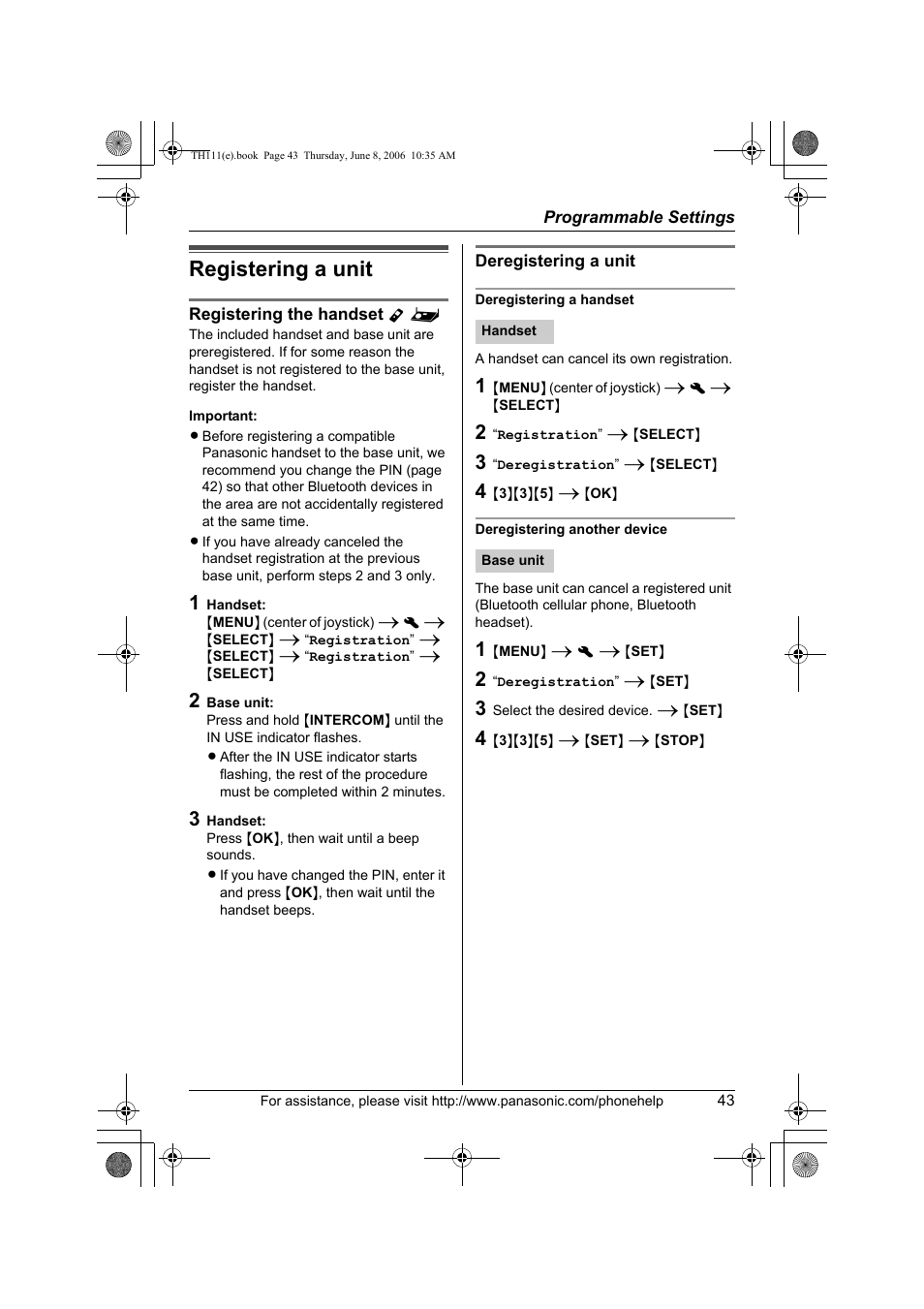 Registering a unit, Registering the handset y, Deregistering a unit | Deregistering a handset, Deregistering another device | Panasonic KXTH111 User Manual | Page 43 / 88