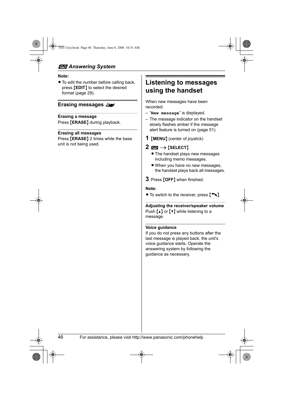 Erasing messages, Erasing a message, Erasing all messages | Listening to messages using the handset, Adjusting the receiver/speaker volume, Voice guidance | Panasonic KXTH111 User Manual | Page 46 / 88