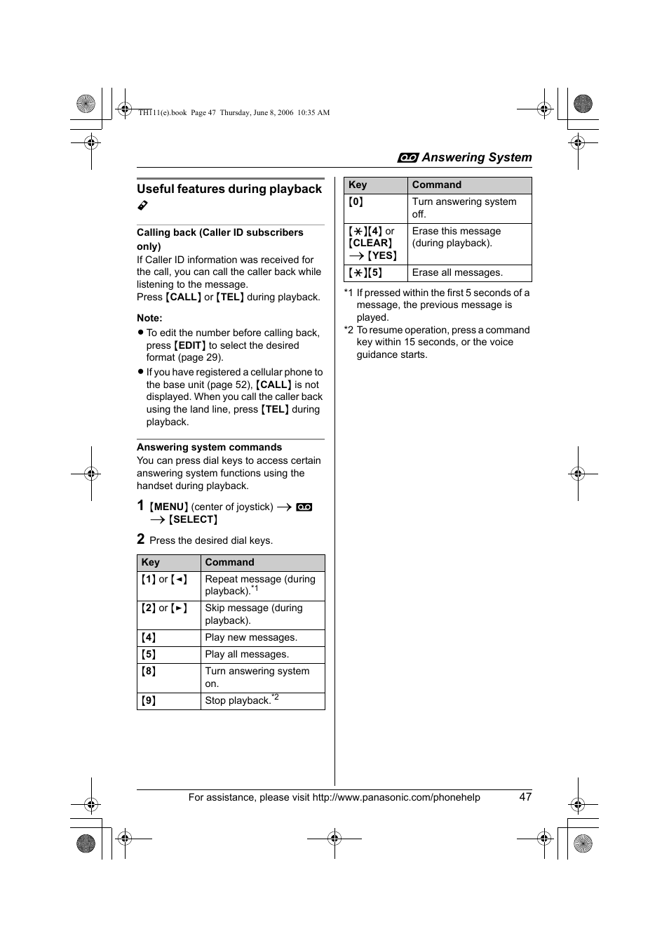 Useful features during playback y, Calling back (caller id subscribers only), Answering system commands | Panasonic KXTH111 User Manual | Page 47 / 88