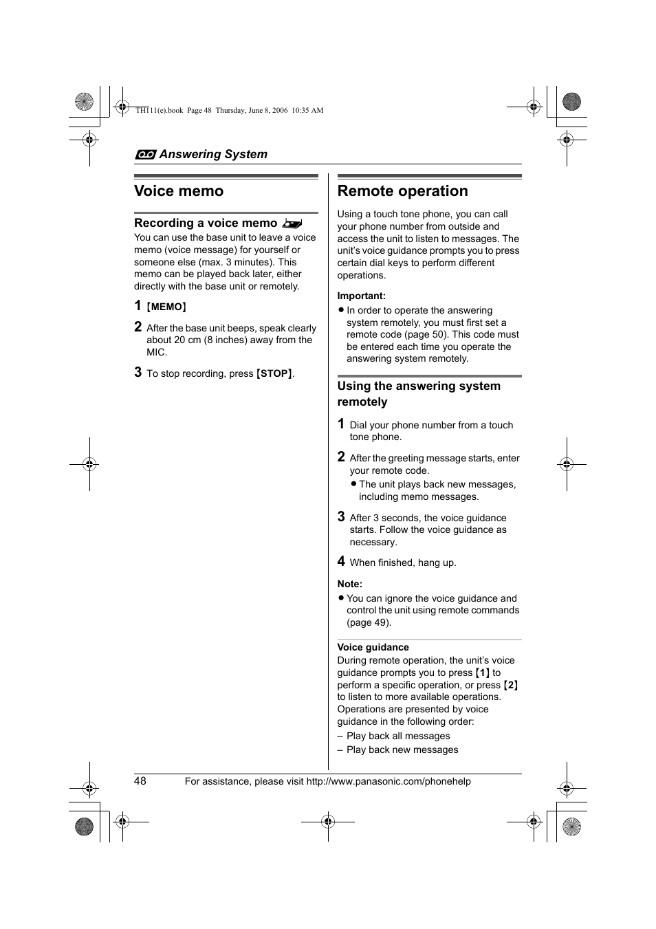 Voice memo, Recording a voice memo, Remote operation | Using the answering system remotely, Voice guidance, Voice memo remote operation | Panasonic KXTH111 User Manual | Page 48 / 88