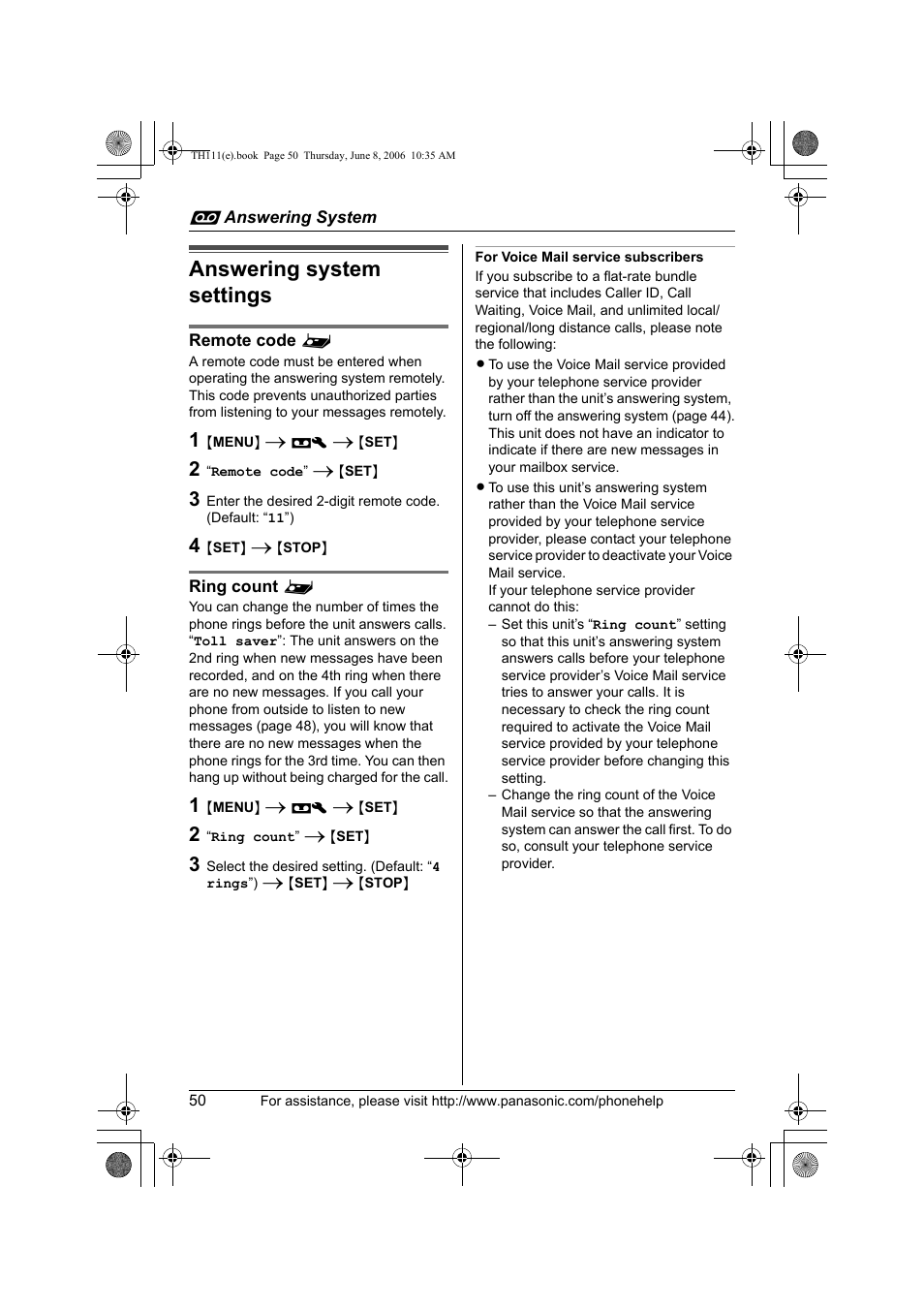 Answering system settings, Remote code, Ring count | For voice mail service subscribers | Panasonic KXTH111 User Manual | Page 50 / 88