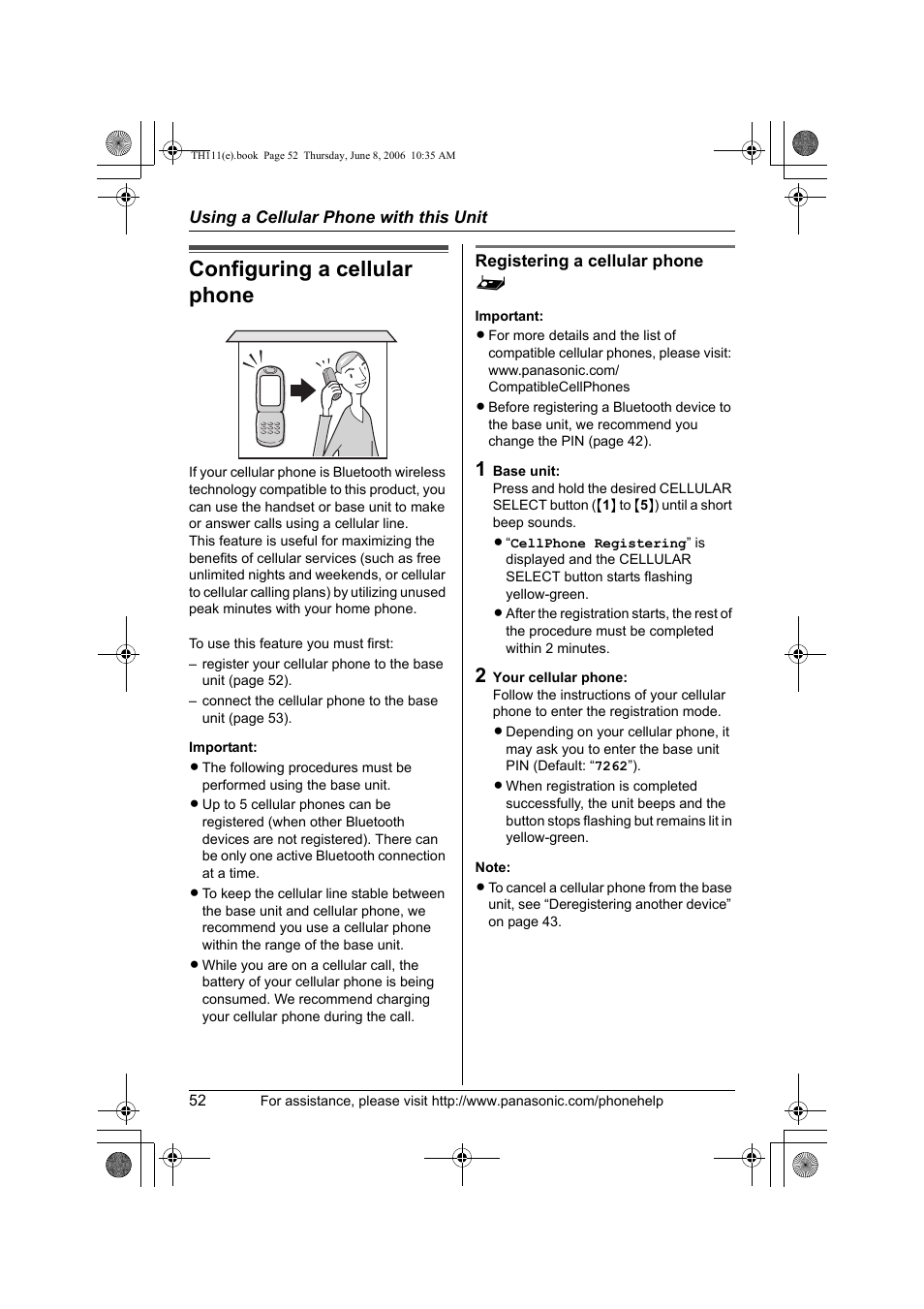 Using a cellular phone with this unit, Configuring a cellular phone, Registering a cellular phone | Panasonic KXTH111 User Manual | Page 52 / 88