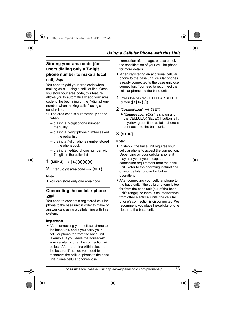 Connecting the cellular phone | Panasonic KXTH111 User Manual | Page 53 / 88