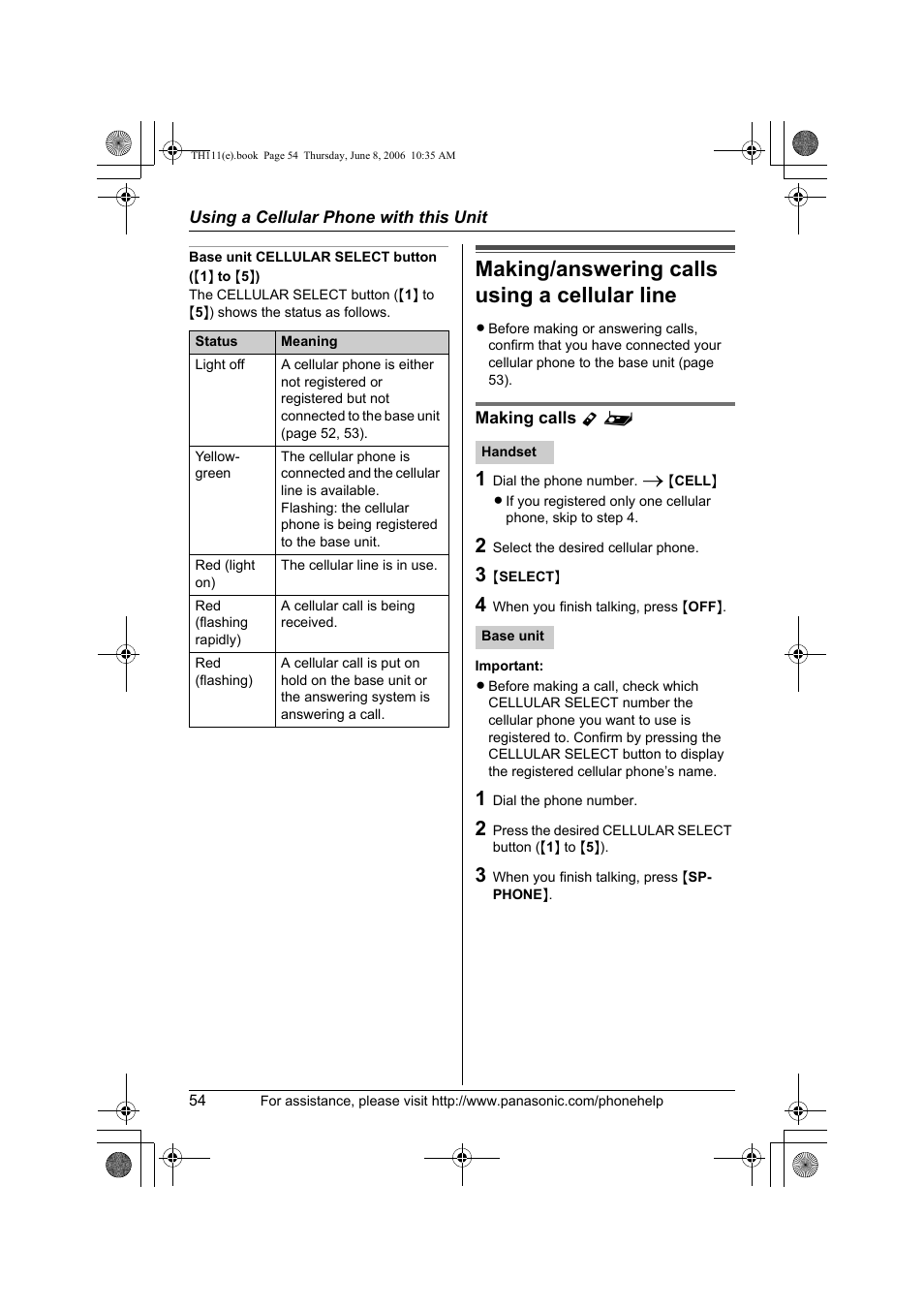 Base unit cellular select button ({1} to {5}), Making/answering calls using a cellular line, Making calls y | Panasonic KXTH111 User Manual | Page 54 / 88