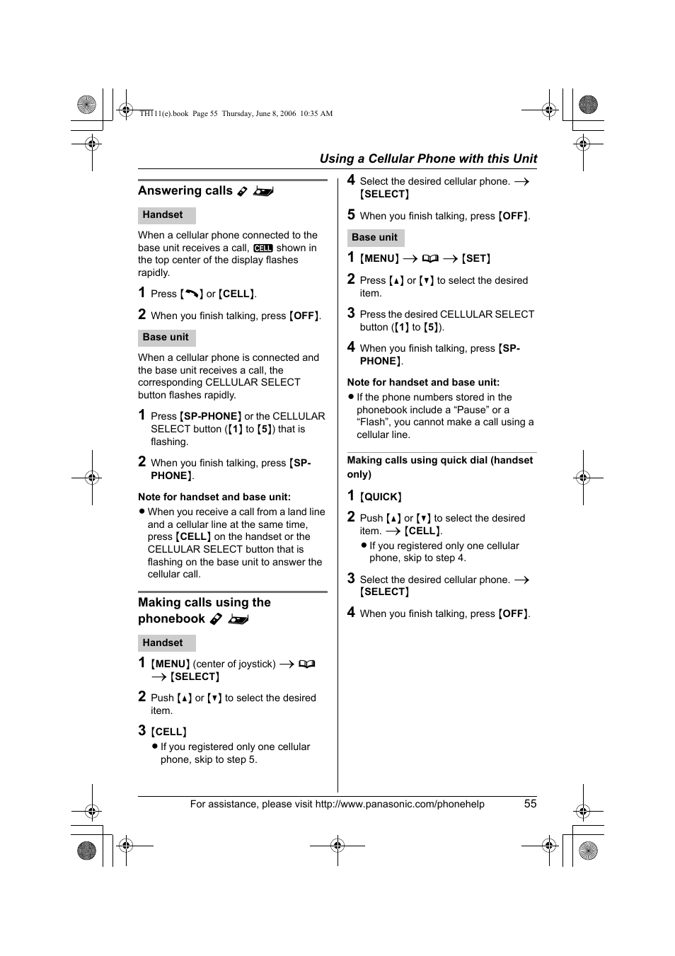 Answering calls y, Making calls using the phonebook y, Making calls using quick dial (handset only) | Panasonic KXTH111 User Manual | Page 55 / 88