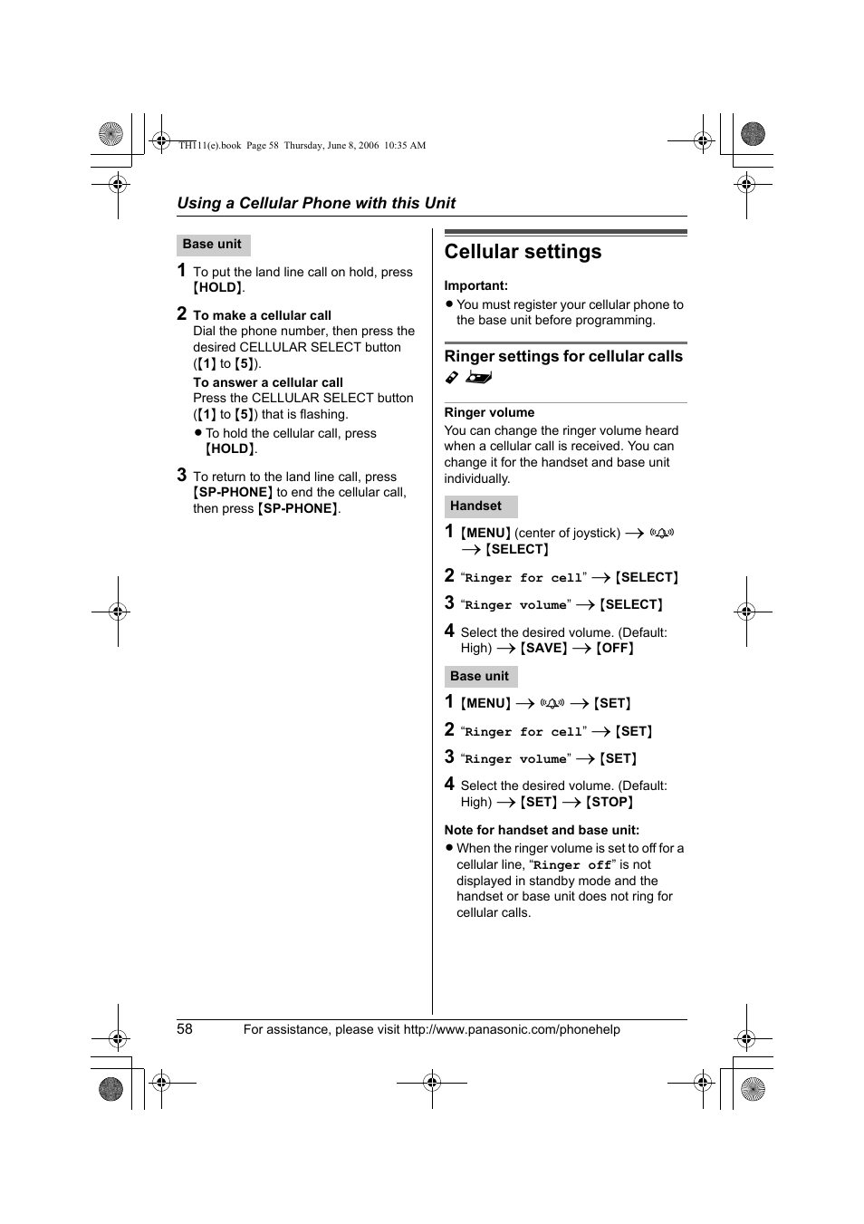Cellular settings, Ringer settings for cellular calls y, Ringer volume | Panasonic KXTH111 User Manual | Page 58 / 88