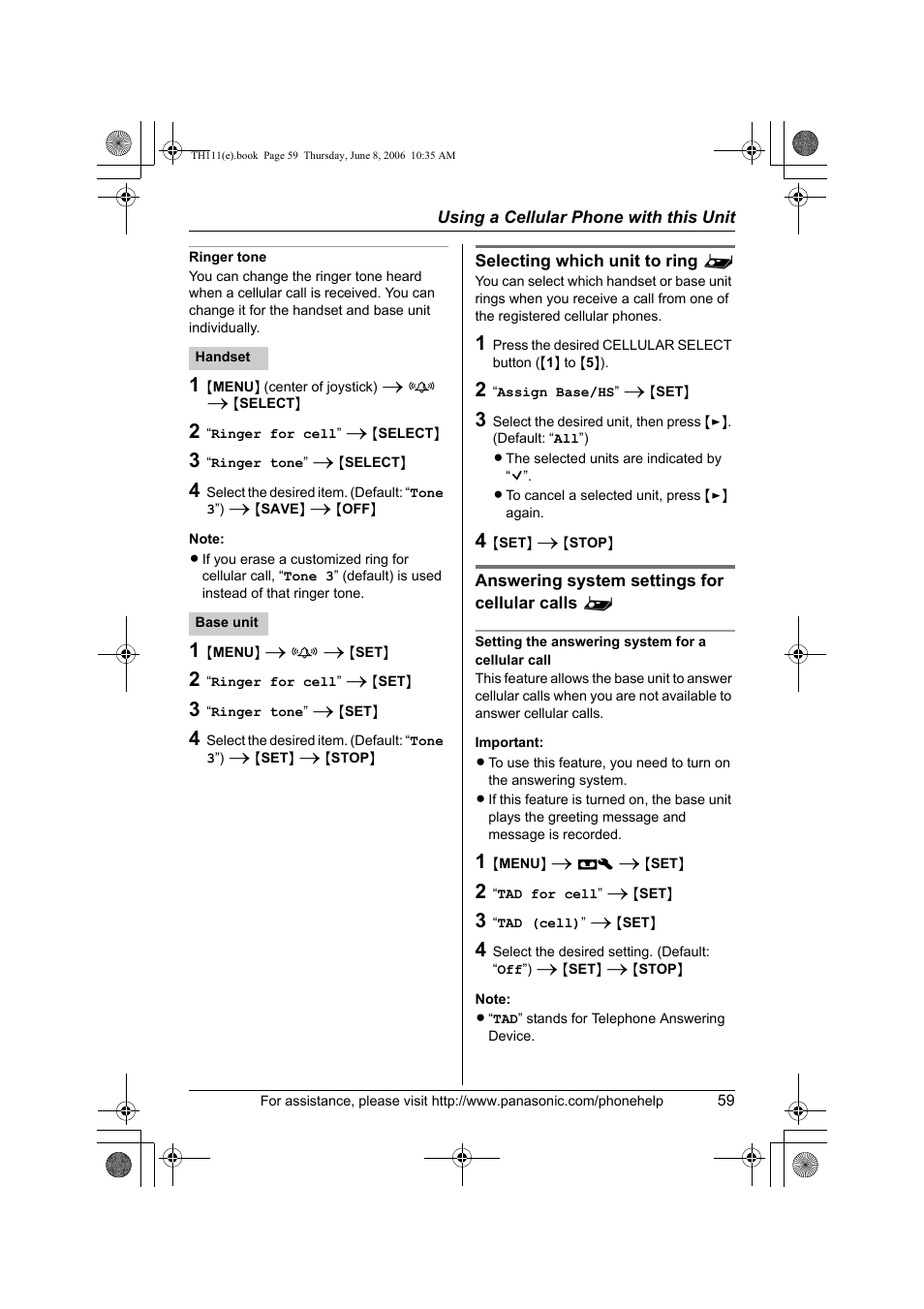 Ringer tone, Selecting which unit to ring, Answering system settings for cellular calls | Setting the answering system for a cellular call | Panasonic KXTH111 User Manual | Page 59 / 88