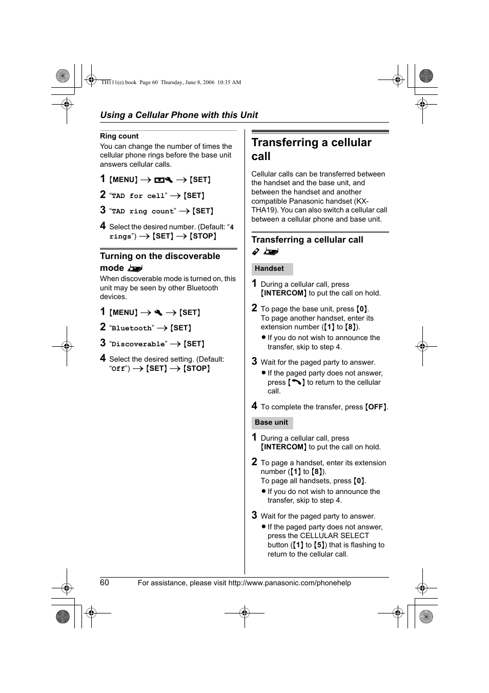 Ring count, Turning on the discoverable mode, Transferring a cellular call | Transferring a cellular call y | Panasonic KXTH111 User Manual | Page 60 / 88