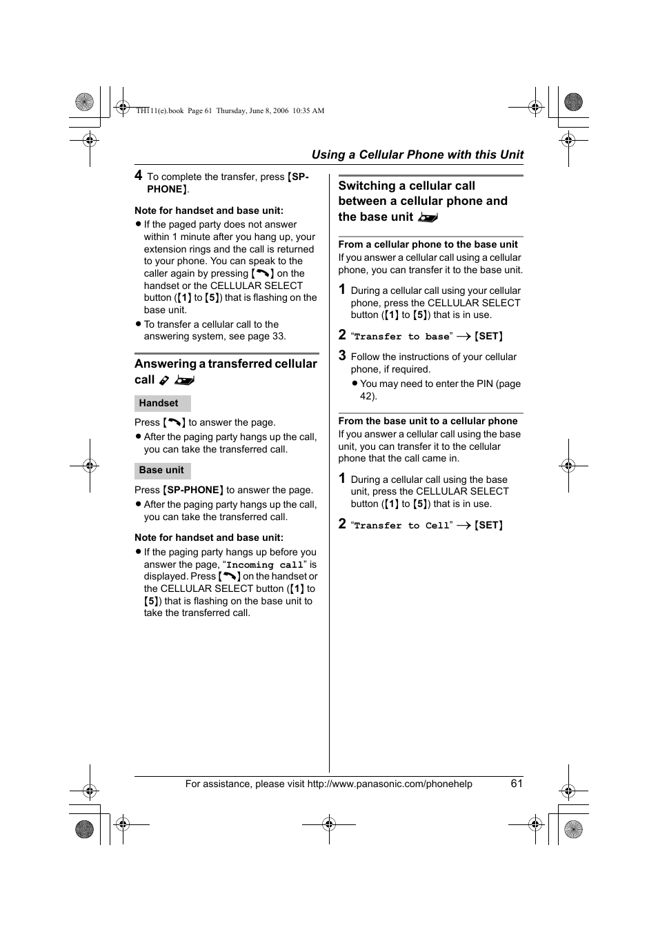 Answering a transferred cellular call y, From a cellular phone to the base unit, From the base unit to a cellular phone | Panasonic KXTH111 User Manual | Page 61 / 88