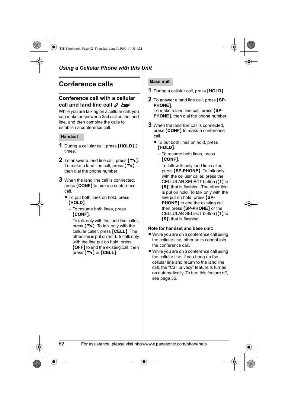 Conference calls | Panasonic KXTH111 User Manual | Page 62 / 88