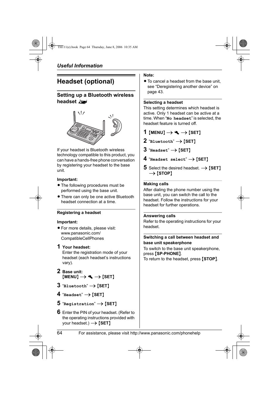 Useful information, Headset (optional), Setting up a bluetooth wireless headset | Registering a headset, Selecting a headset, Making calls, Answering calls | Panasonic KXTH111 User Manual | Page 64 / 88