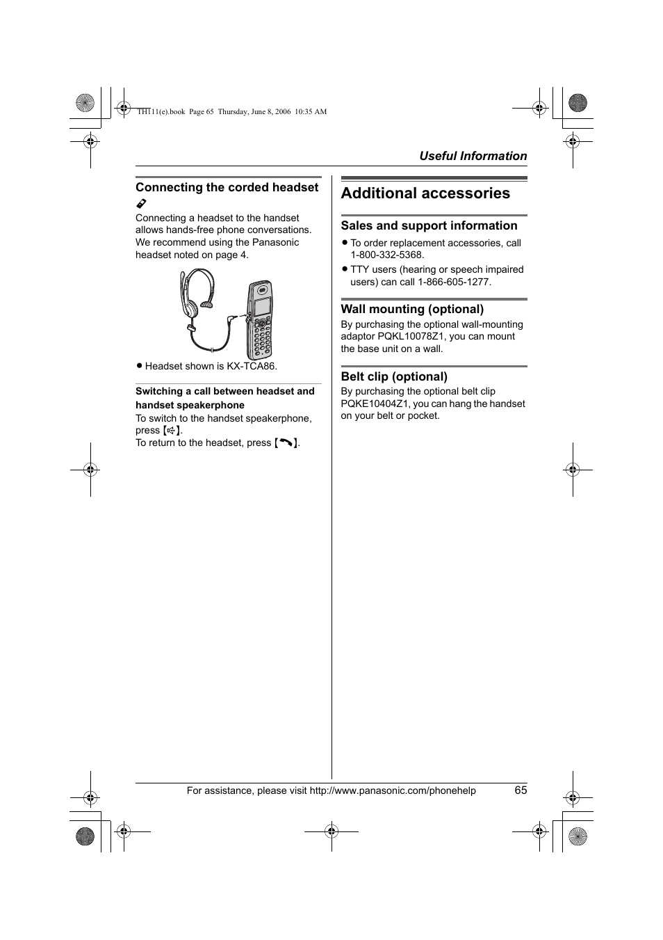 Connecting the corded headset y, Additional accessories, Sales and support information | Wall mounting (optional), Belt clip (optional) | Panasonic KXTH111 User Manual | Page 65 / 88