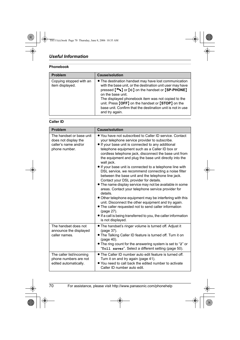 Phonebook, Caller id | Panasonic KXTH111 User Manual | Page 70 / 88