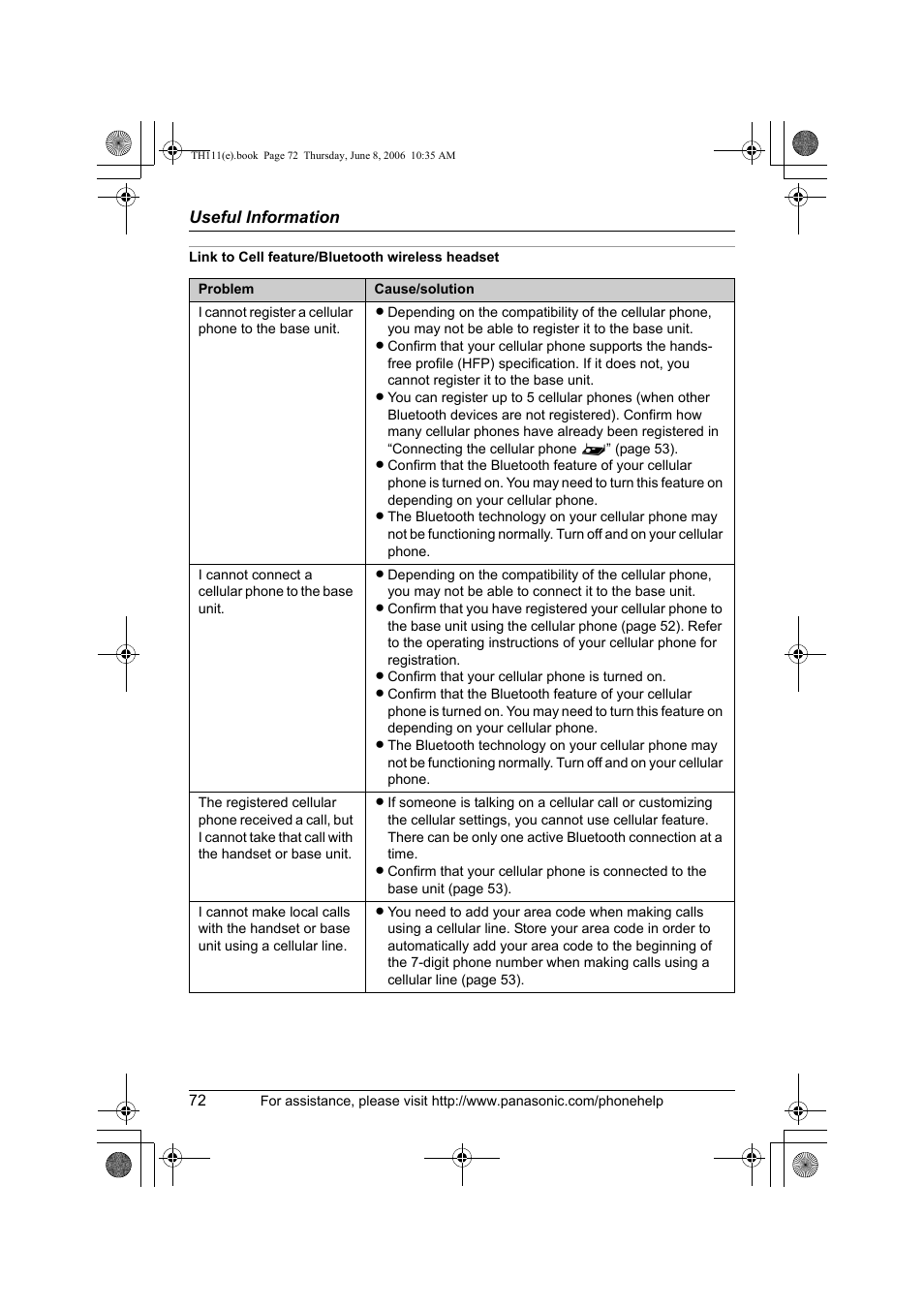 Link to cell feature/bluetooth wireless headset | Panasonic KXTH111 User Manual | Page 72 / 88