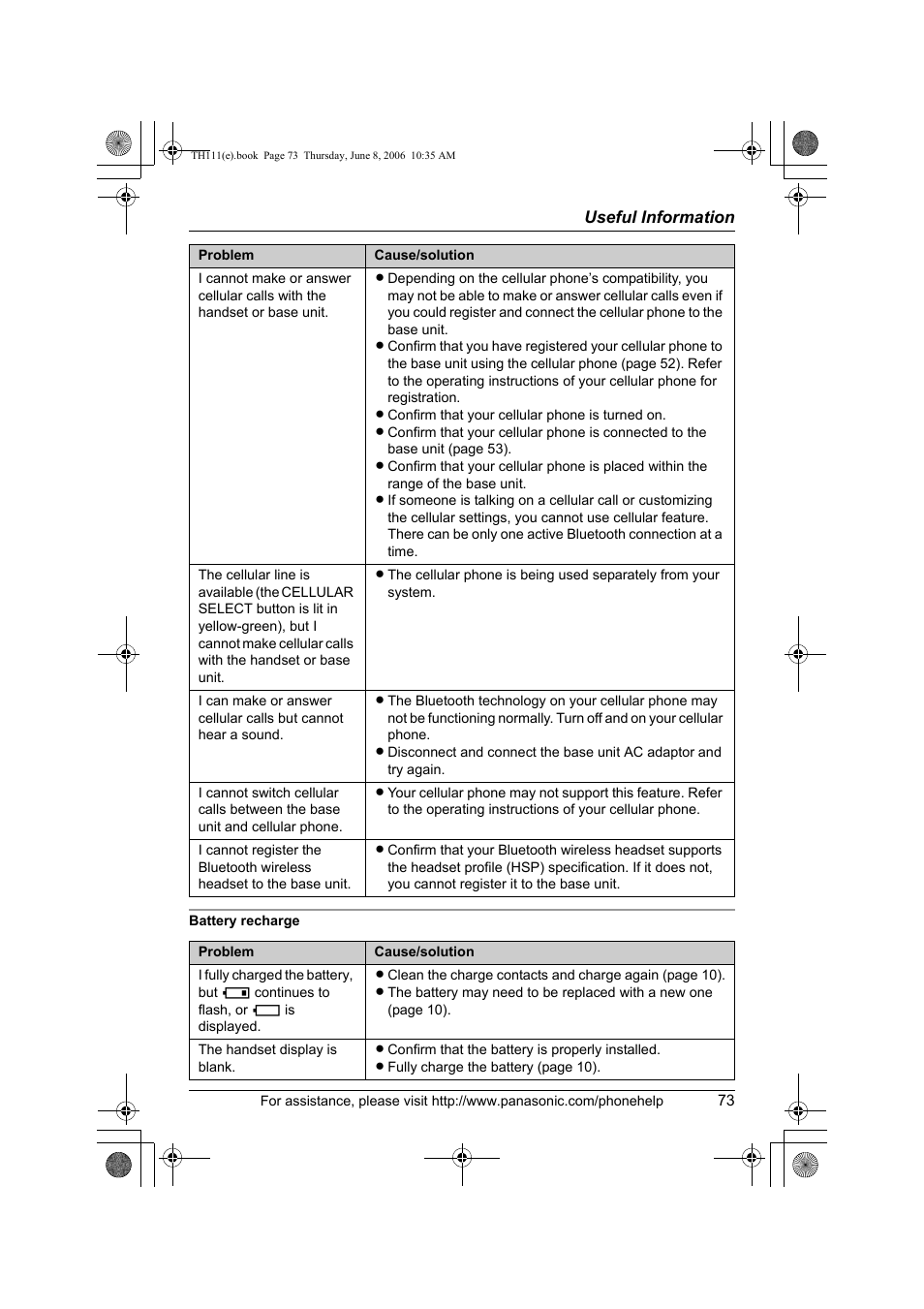 Battery recharge | Panasonic KXTH111 User Manual | Page 73 / 88