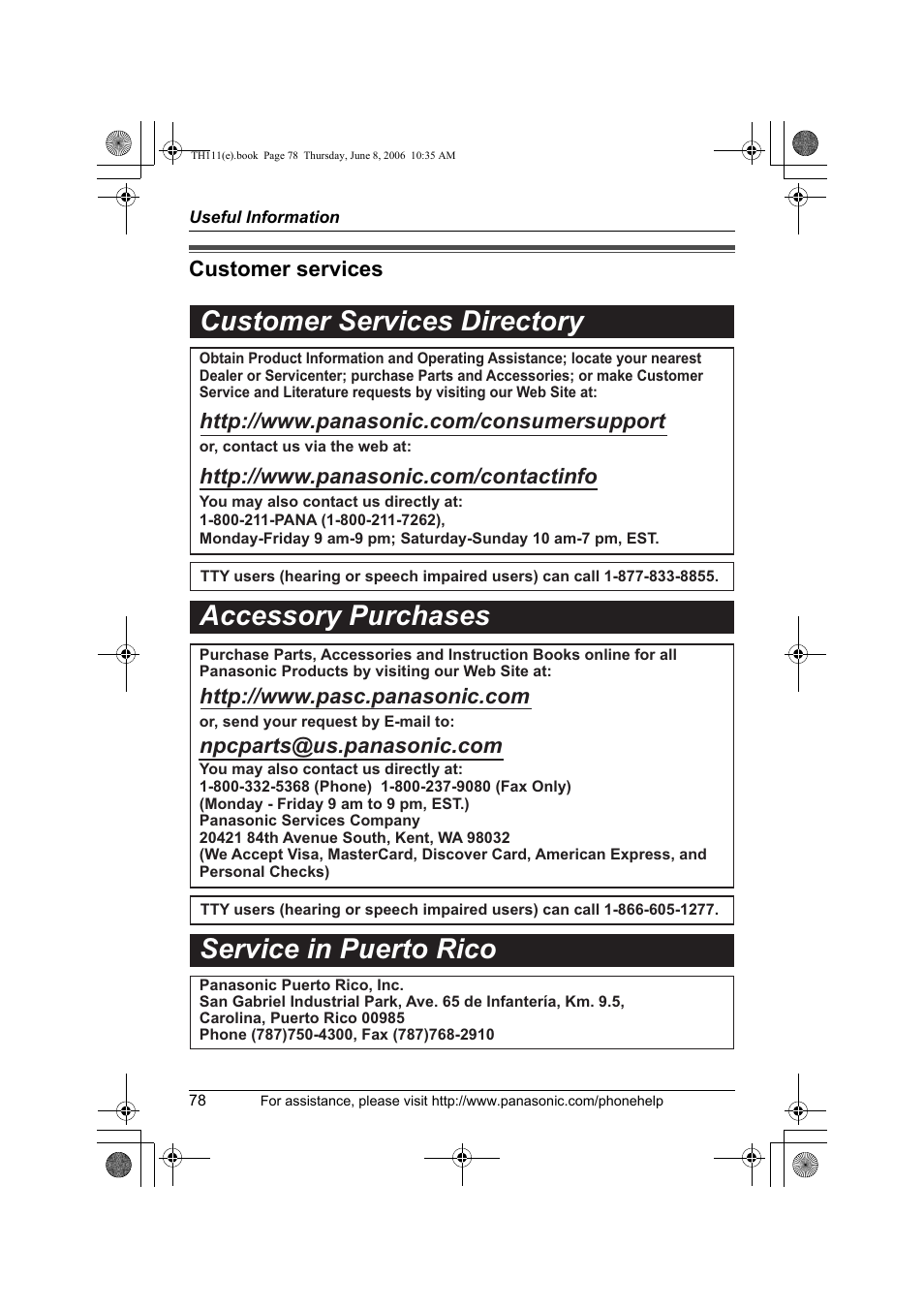 Customer services, Customer services directory, Accessory purchases service in puerto rico | Panasonic KXTH111 User Manual | Page 78 / 88