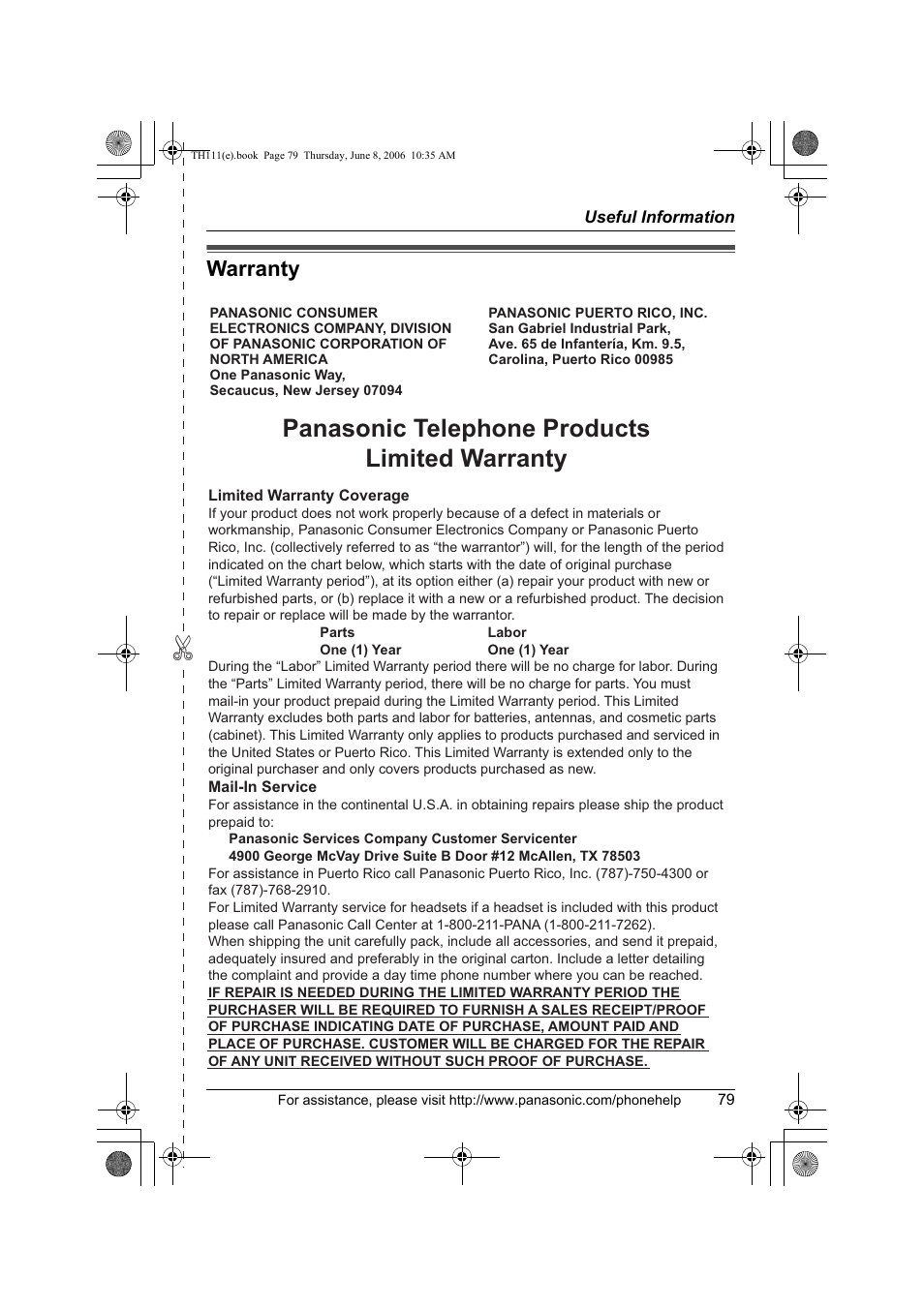 Warranty, Panasonic telephone products limited warranty | Panasonic KXTH111 User Manual | Page 79 / 88