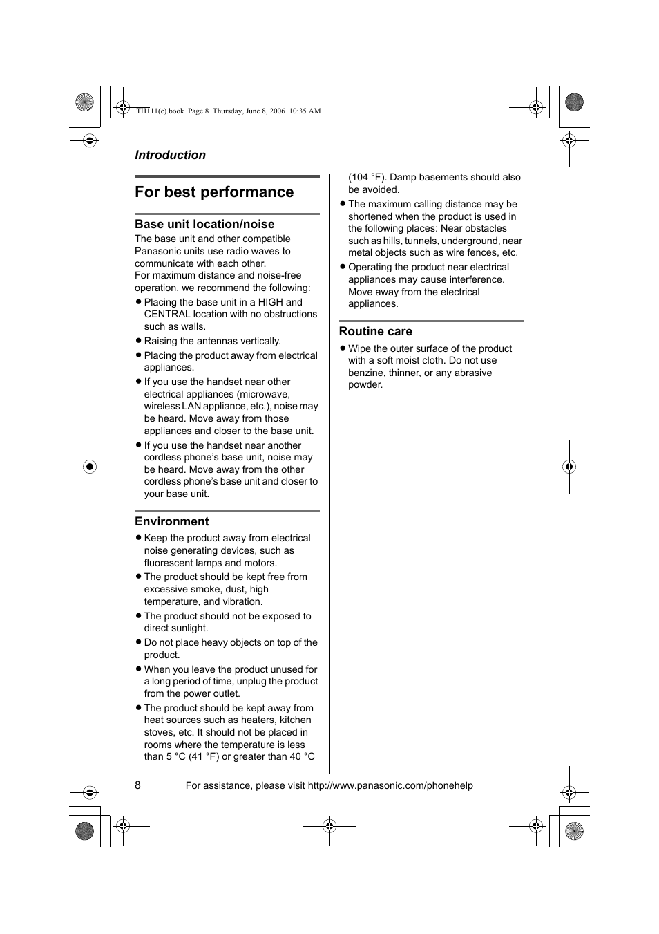 For best performance, Base unit location/noise, Environment | Routine care | Panasonic KXTH111 User Manual | Page 8 / 88