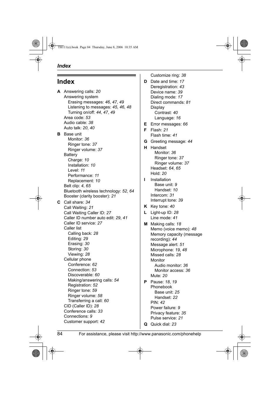 Index | Panasonic KXTH111 User Manual | Page 84 / 88