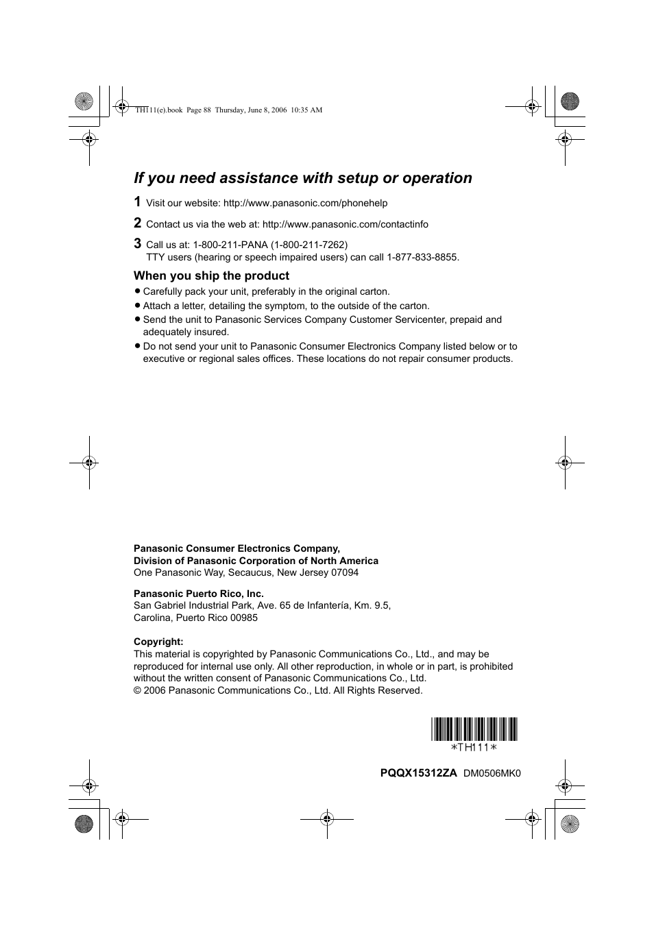 If you need assistance with setup or operation | Panasonic KXTH111 User Manual | Page 88 / 88