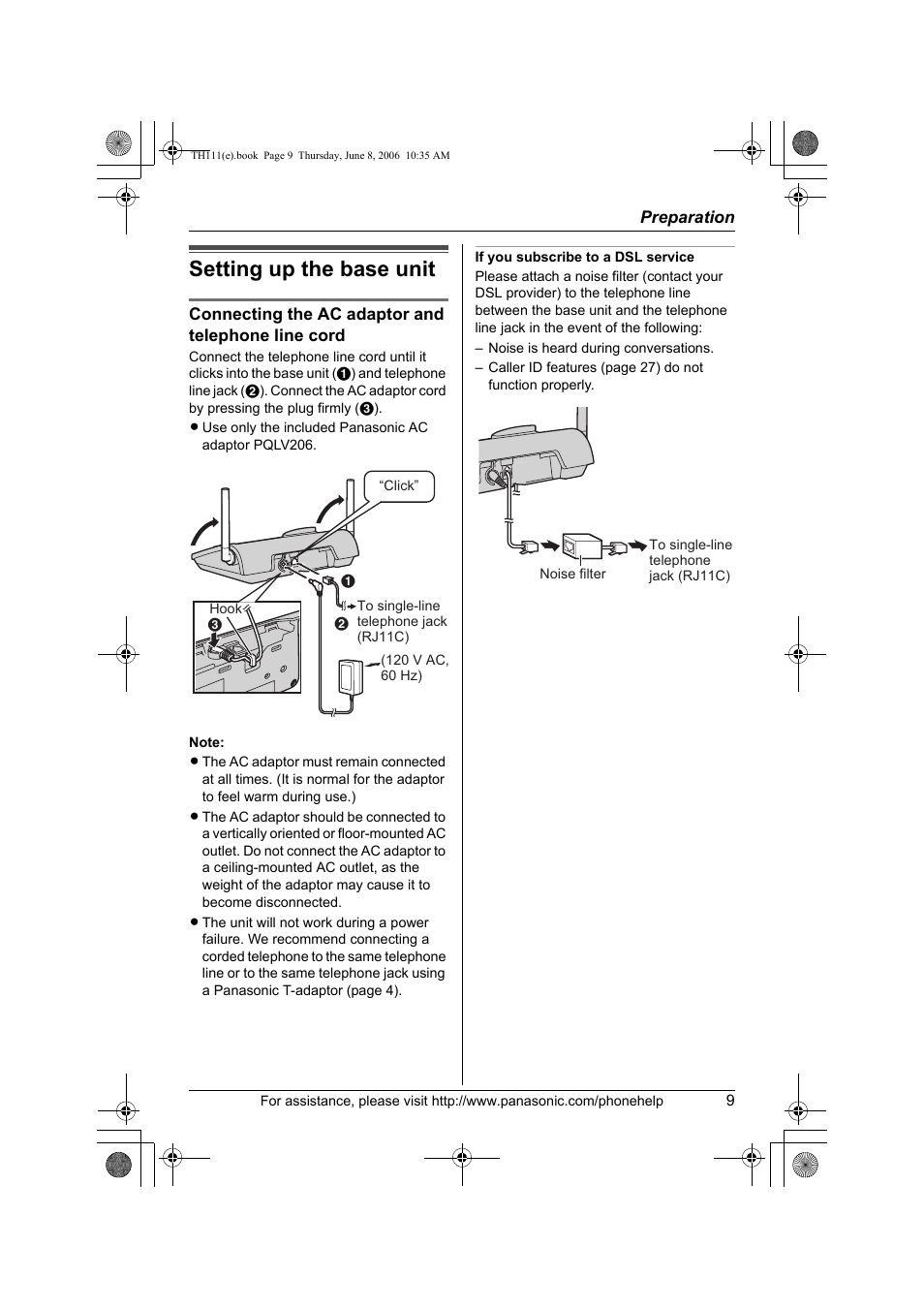 Preparation, Setting up the base unit, Connecting the ac adaptor and telephone line cord | If you subscribe to a dsl service | Panasonic KXTH111 User Manual | Page 9 / 88