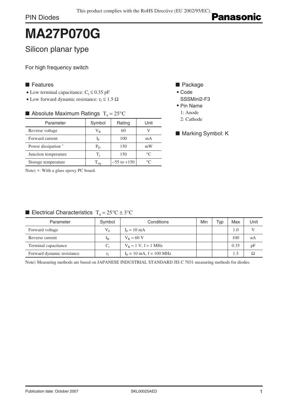 Panasonic MA27P070G User Manual | 4 pages