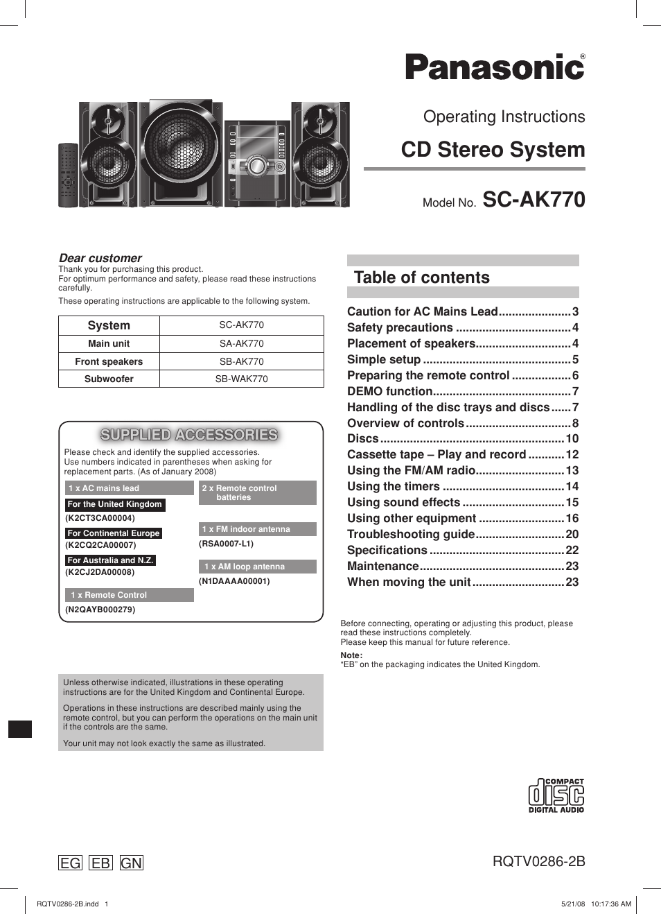 Panasonic SB-WAK770 User Manual | 24 pages