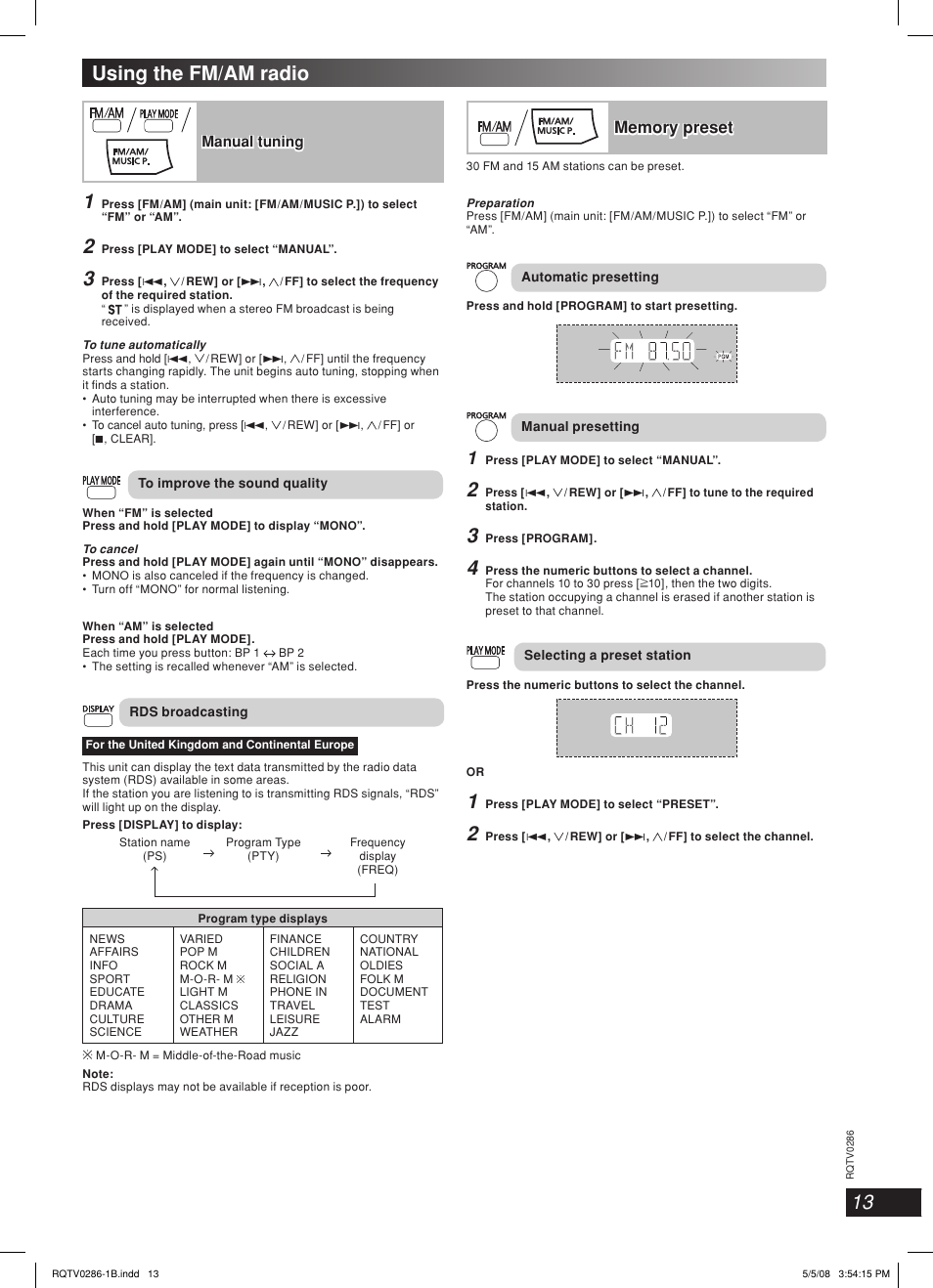 13 using the fm/am radio | Panasonic SB-WAK770 User Manual | Page 13 / 24