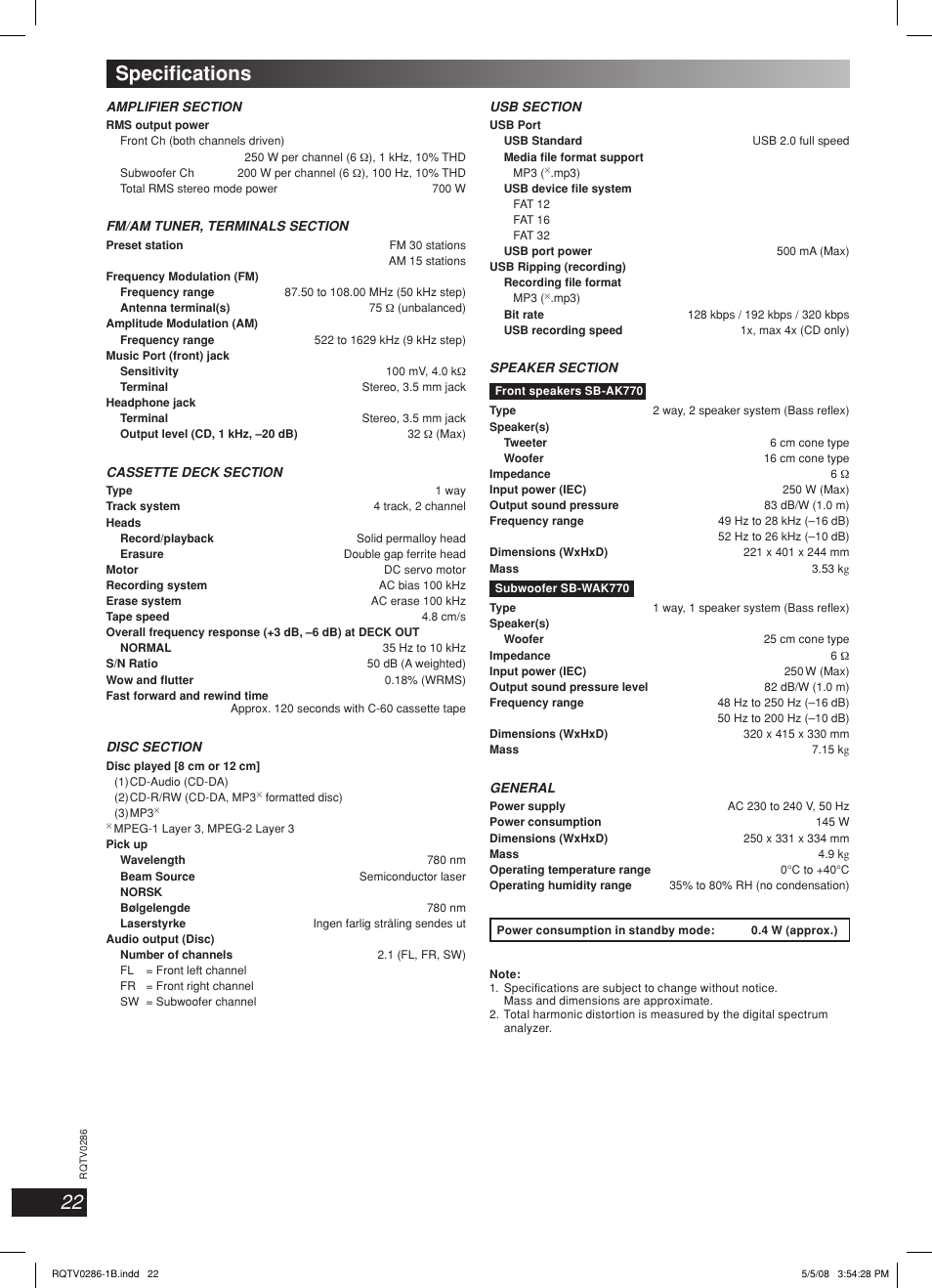 22 specifi cations | Panasonic SB-WAK770 User Manual | Page 22 / 24