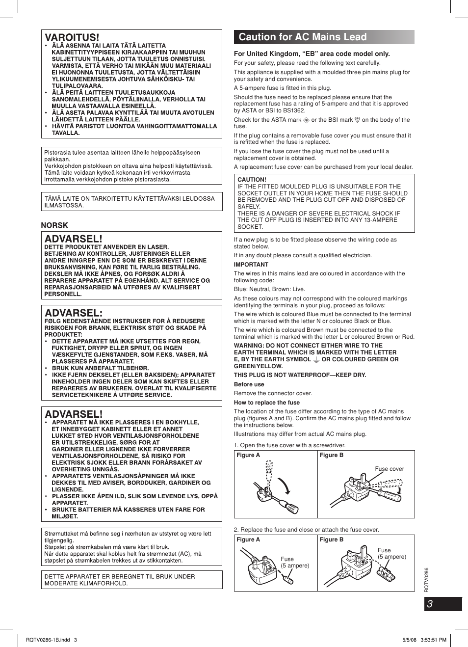 Caution for ac mains lead | Panasonic SB-WAK770 User Manual | Page 3 / 24